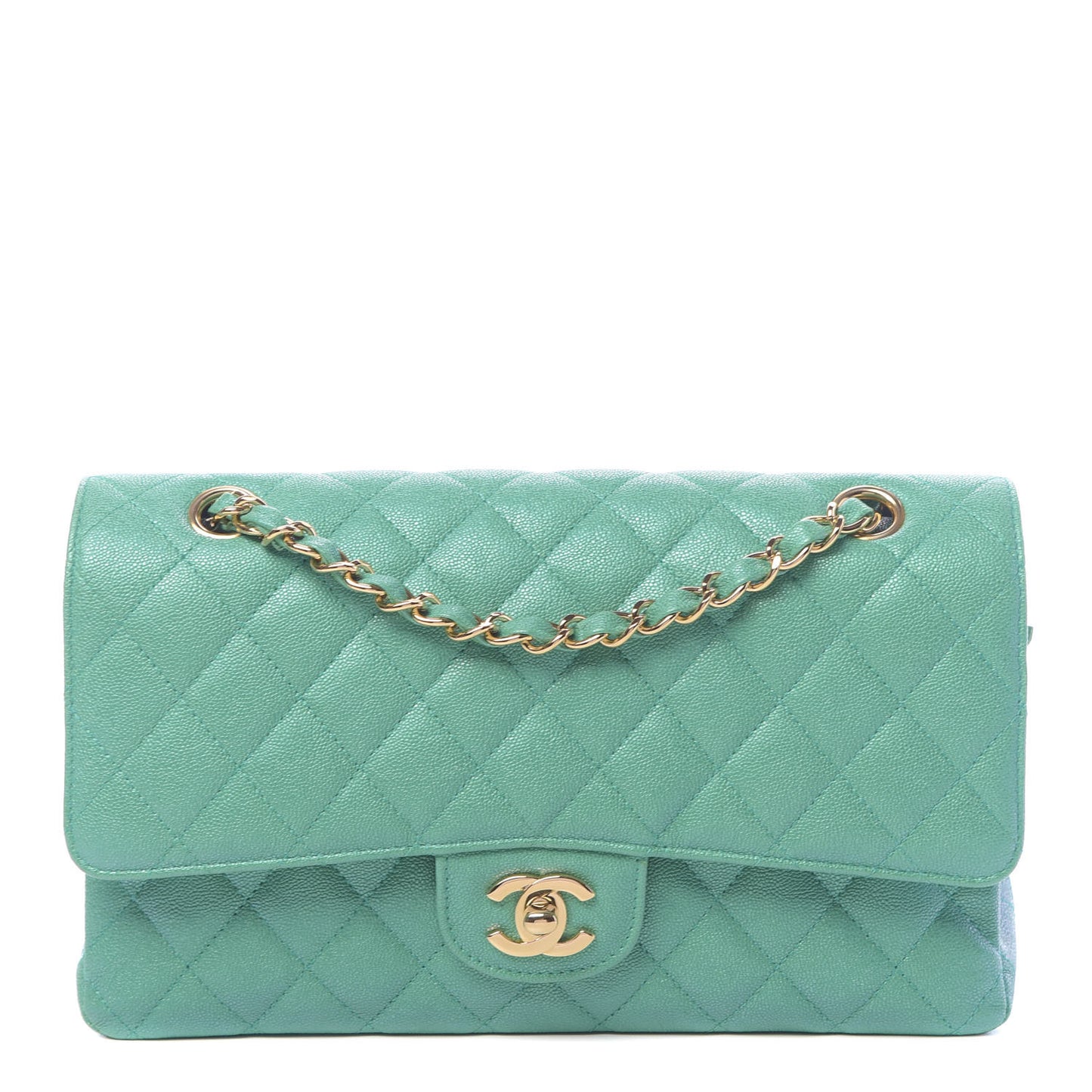 Iridescent Caviar Quilted Medium Double Flap Green