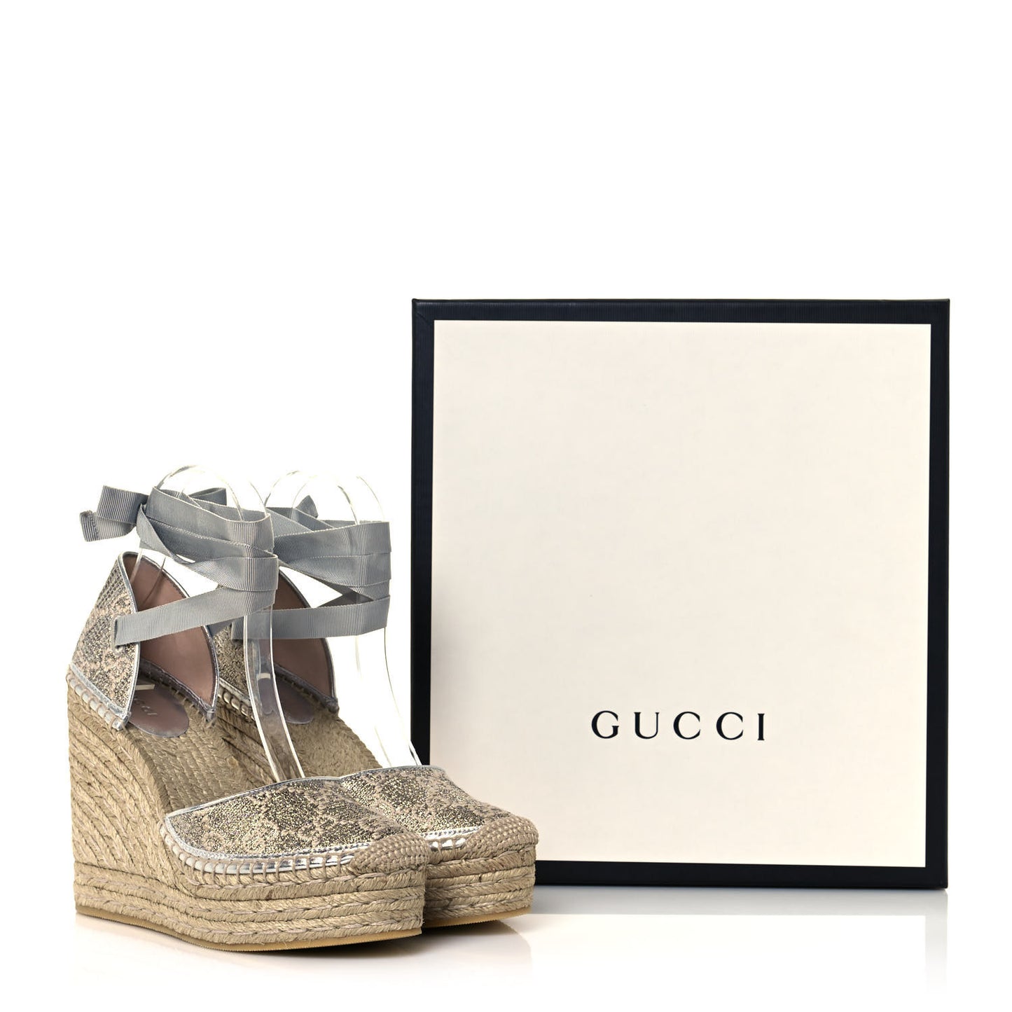 Lame GG Monogram Ankle Wrap Platform Espadrille Wedges 37 Silver Beige Light Grey