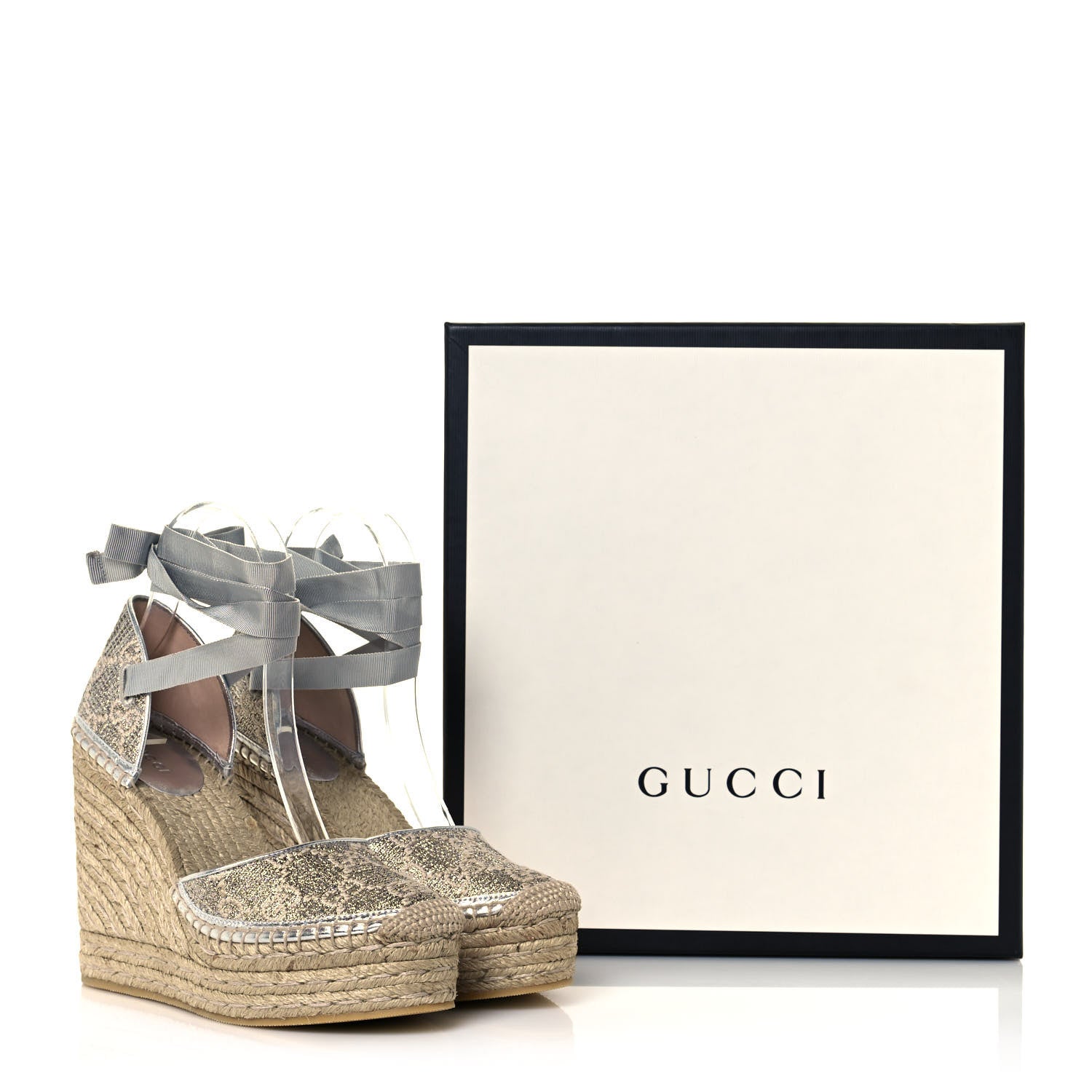 Gucci Lame GG Monogram Ankle Wrap Platform Espadrille Wedges 37 Silver Beige Light Grey 10 of 10