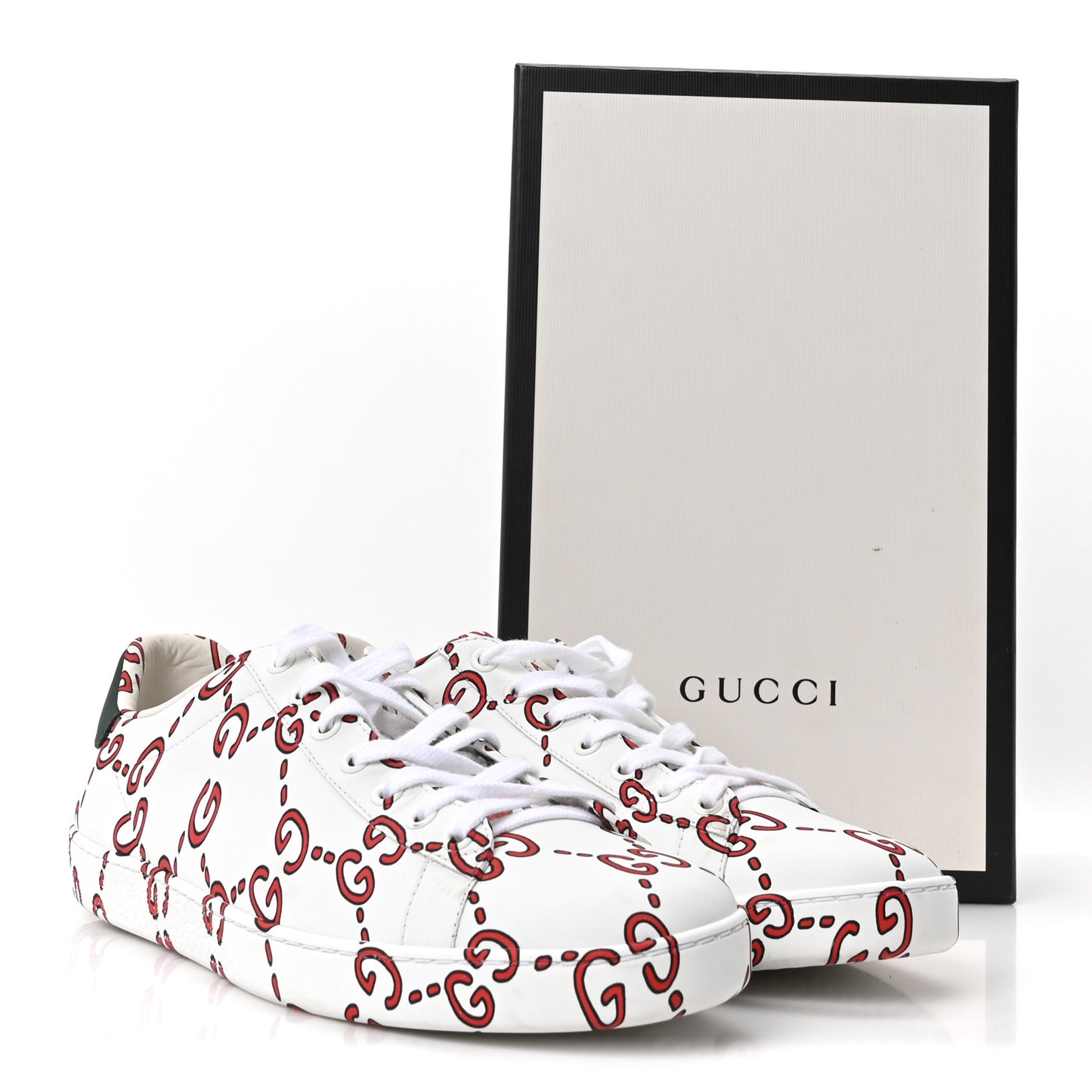 Calfskin GucciGhost Print Womens Ace Sneakers 40.5 White Hibiscus Red