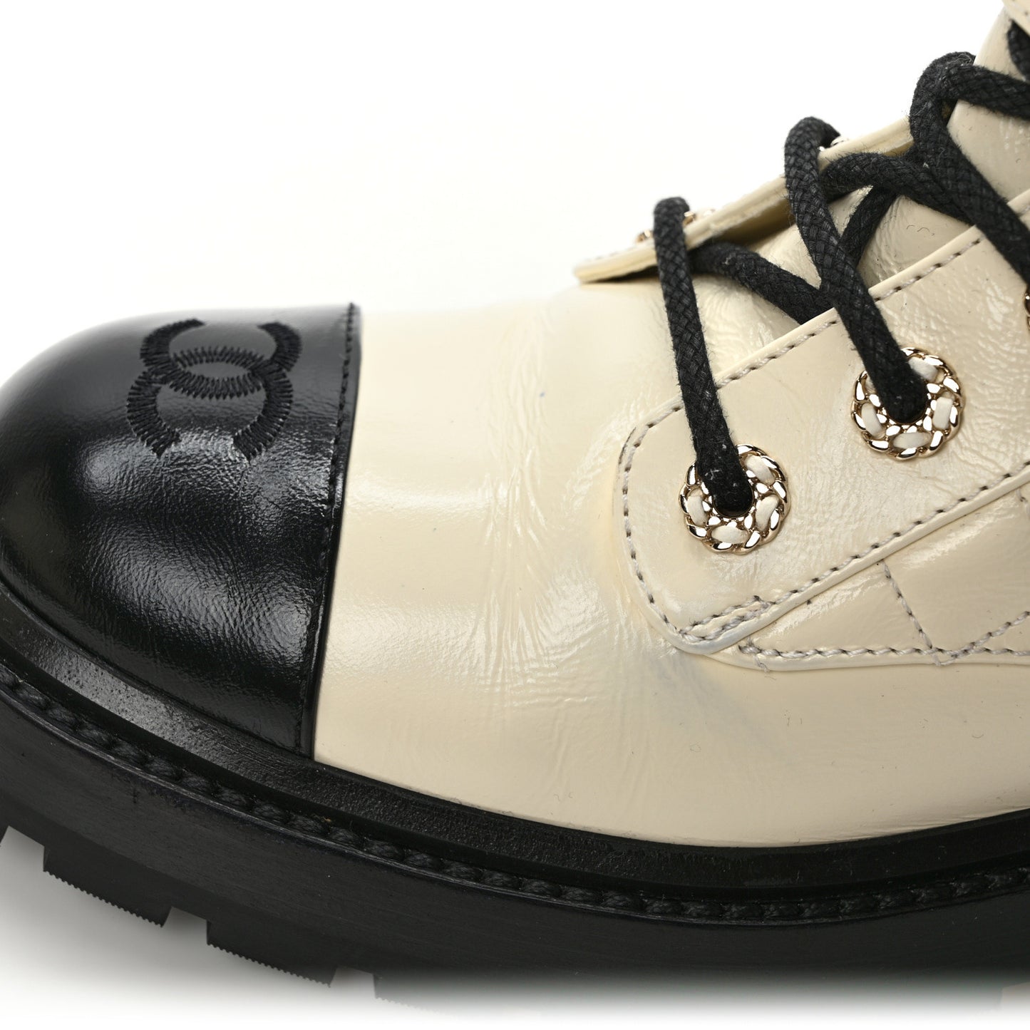 Shiny Goatskin Calfskin Quilted Lace Up Combat Boots 38.5 White Black