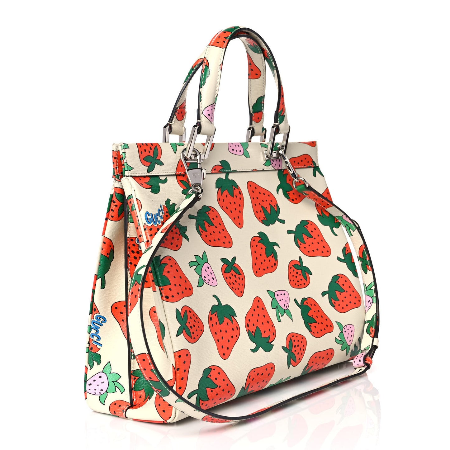 Calfskin Strawberry Print Medium Zumi Top Handle Bag Ivory Red
