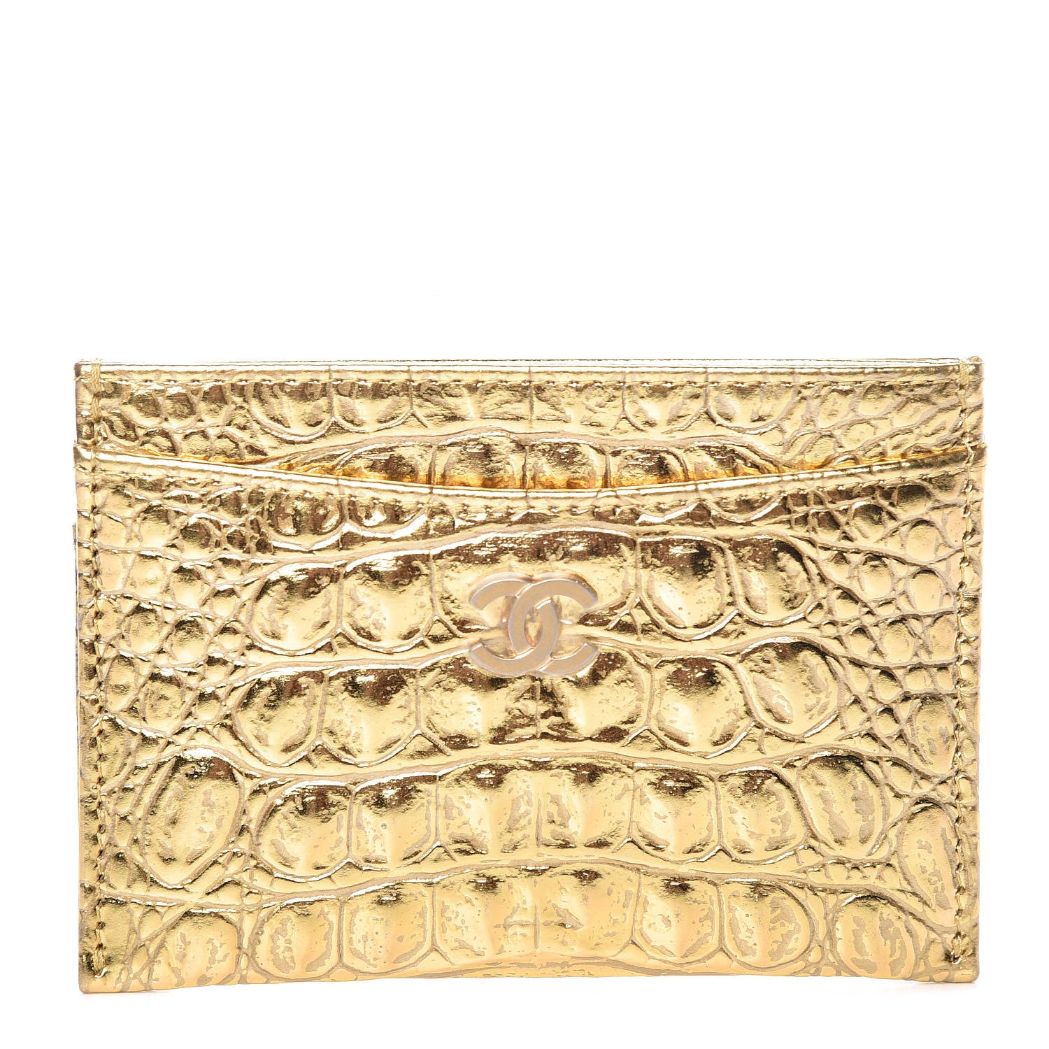 Chanel Metallic Calfskin Crocodile Embossed Cocodile Card Holder Gold 1 of 10