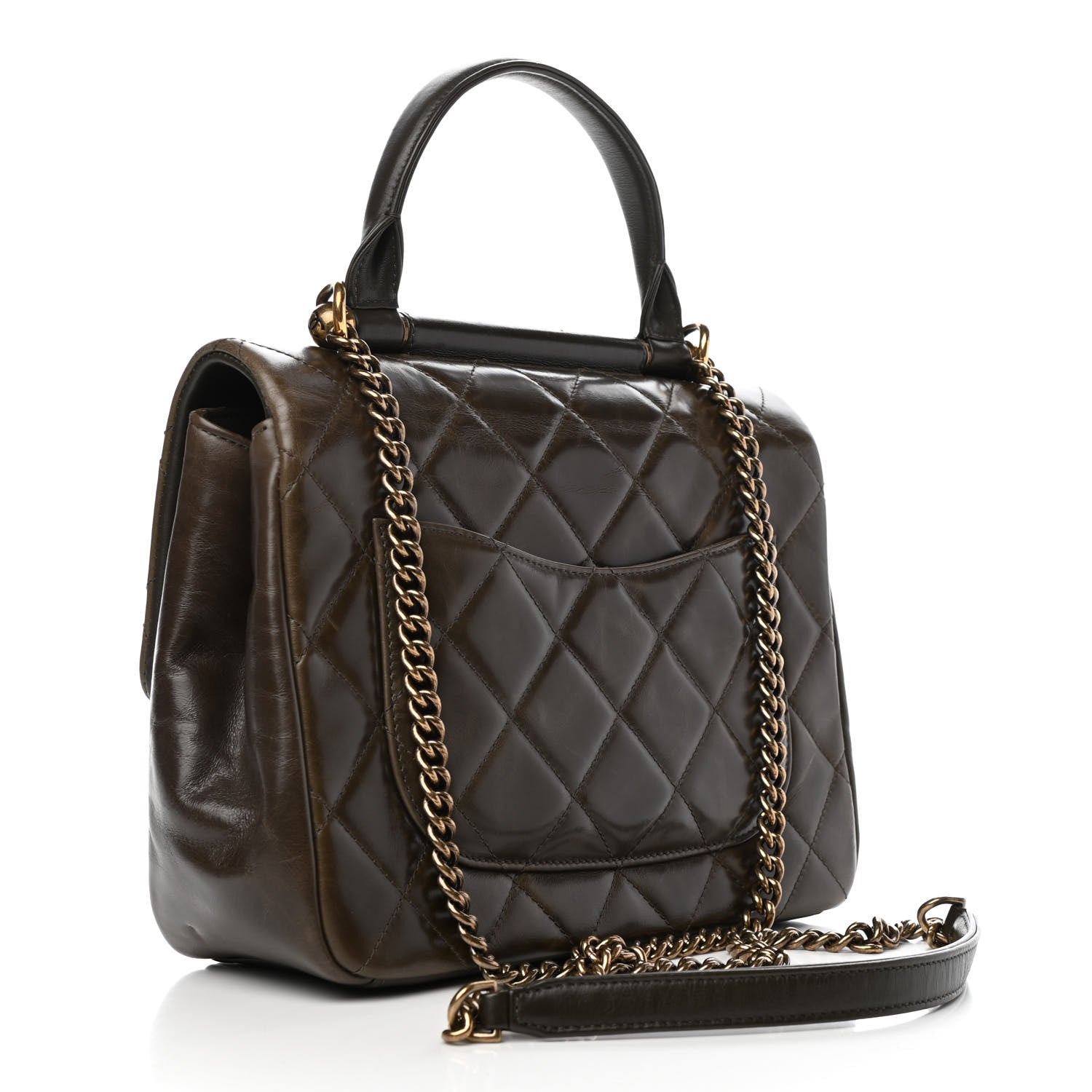 Chanel Calfskin Quilted Medium Gold Bar Top Handle Flap Dark Khaki 3 of 10