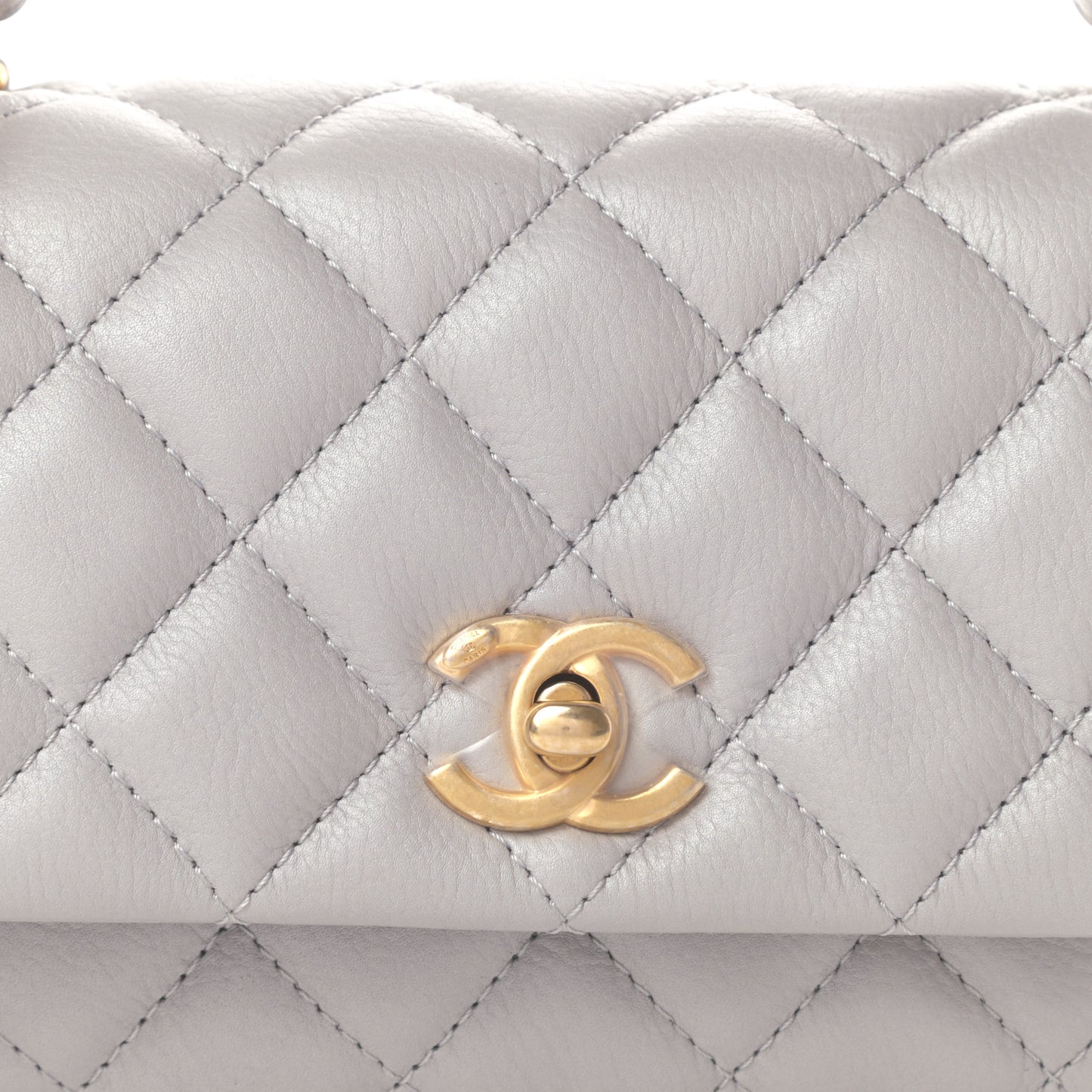 Calfskin Quilted Top Handle Flap Light Grey