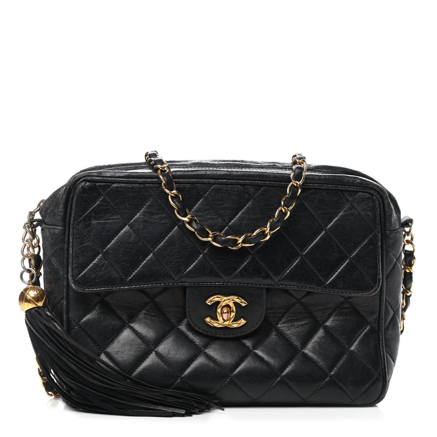 Lambskin Quilted Tassel Flap Camera Case Black