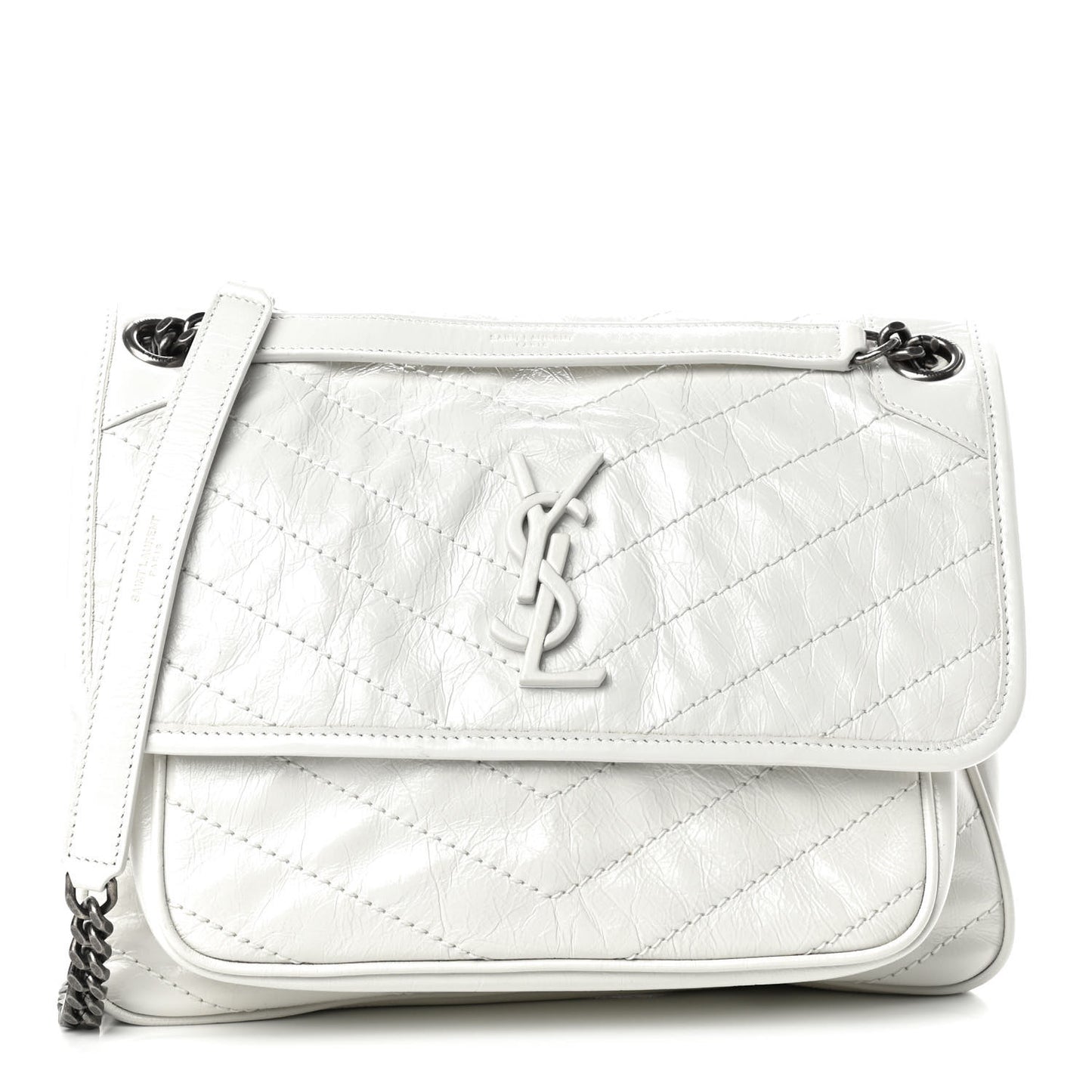Crinkled Calfskin Matelasse Monogram Medium Niki Chain Satchel Pearl White