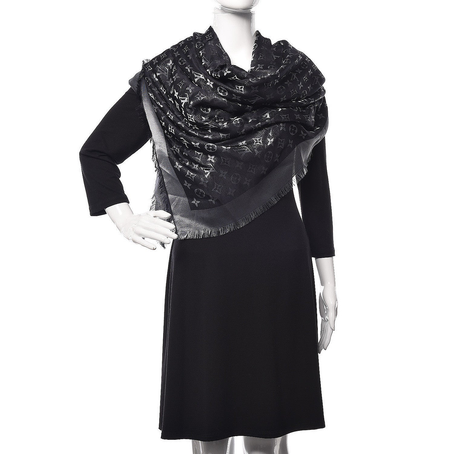 Louis Vuitton Silk Lurex Wool Monogram Shine Shawl Black 2 of 3