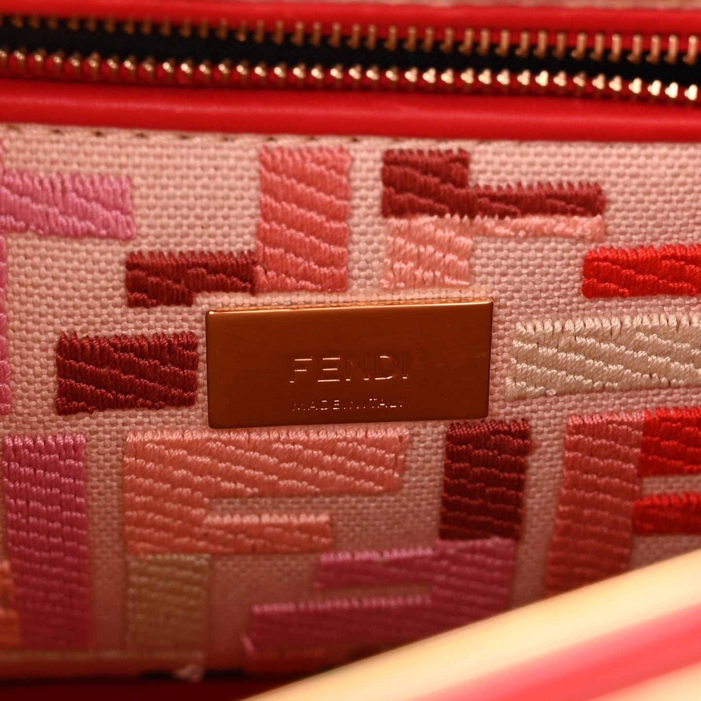 Vitello Seta Canvas FF Embroidered Mini Peekaboo Iconic Satchel Rosso Cardinale Multicolor