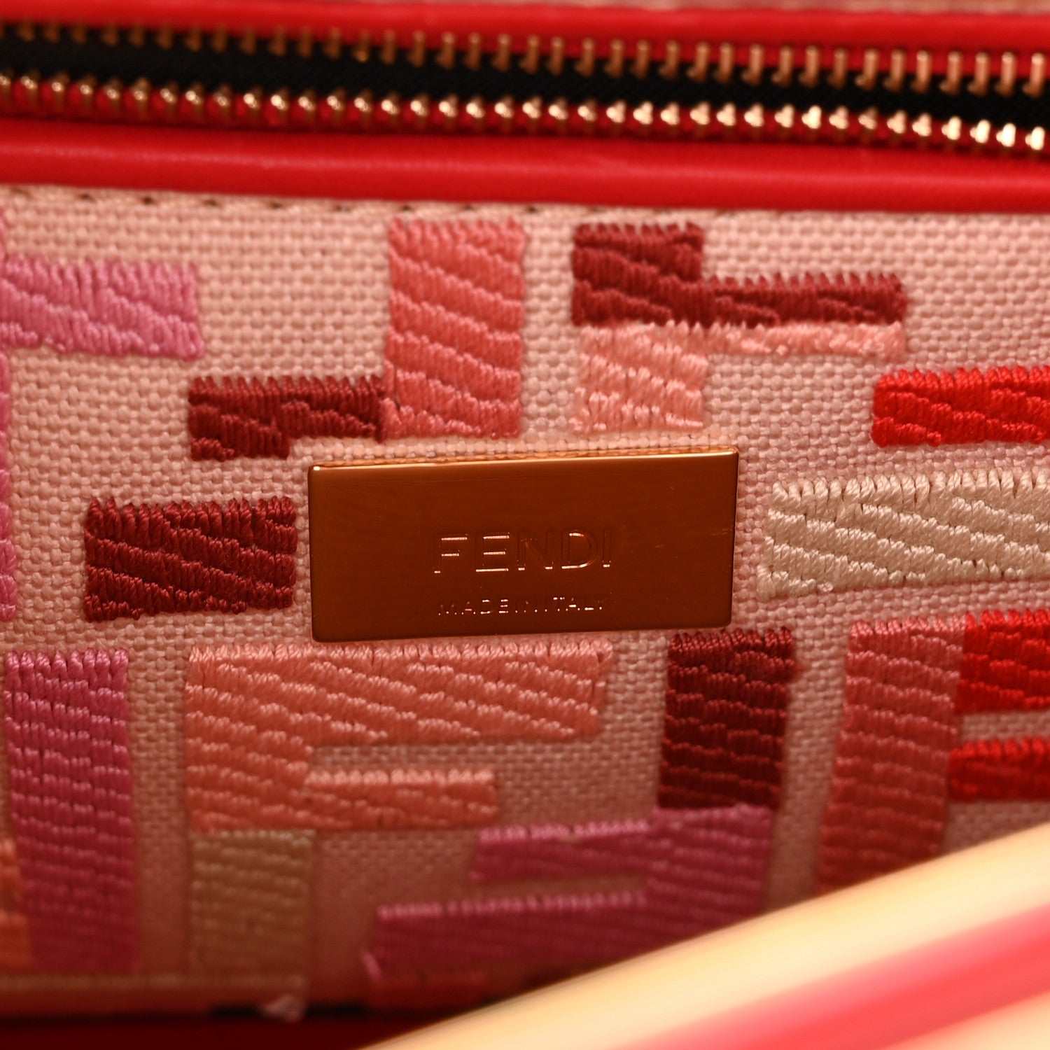 Fendi Vitello Seta Canvas FF Embroidered Mini Peekaboo Iconic Satchel Rosso Cardinale Multicolor 6 of 9
