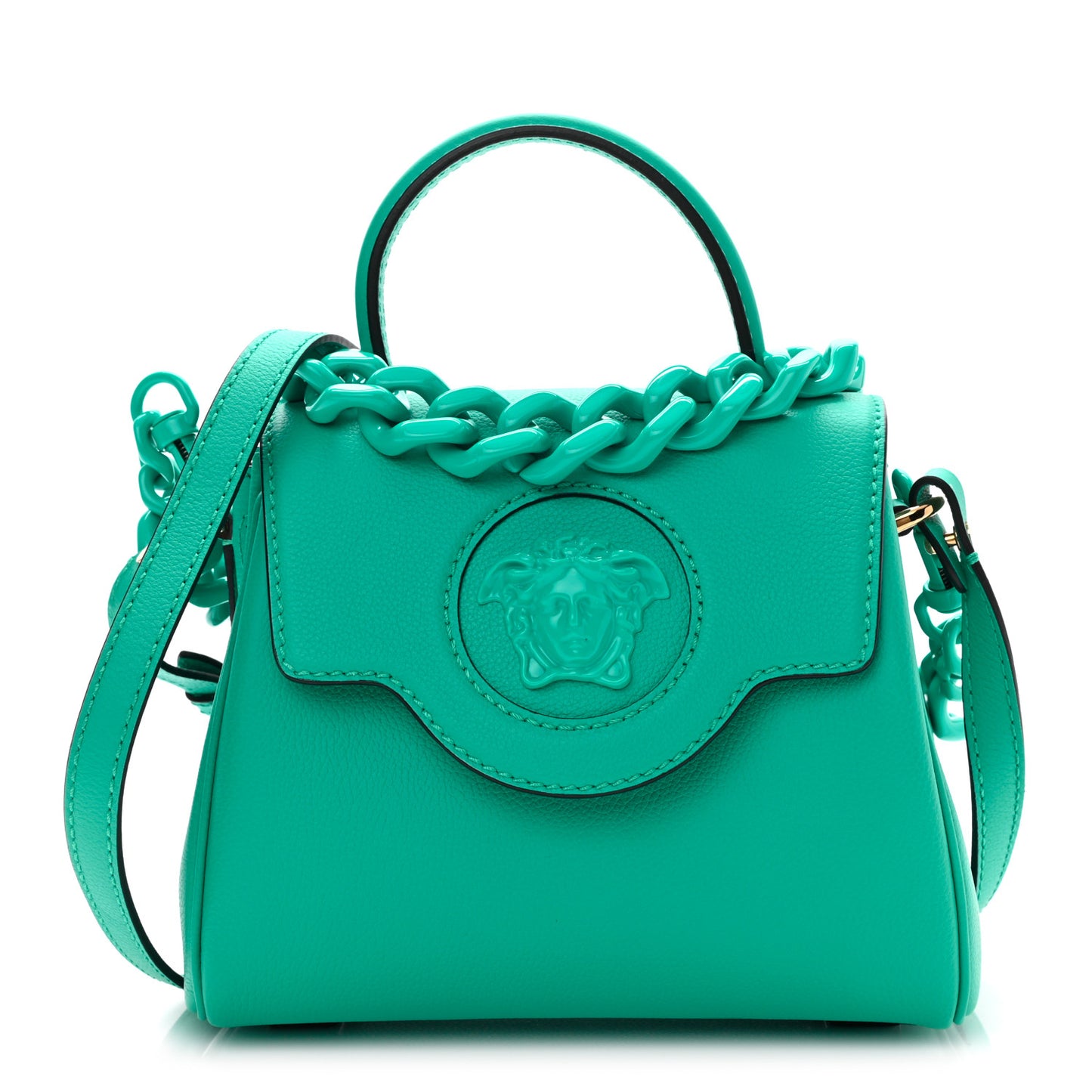 Grained Calfskin Small La Medusa Top Handle Bag Turquoise