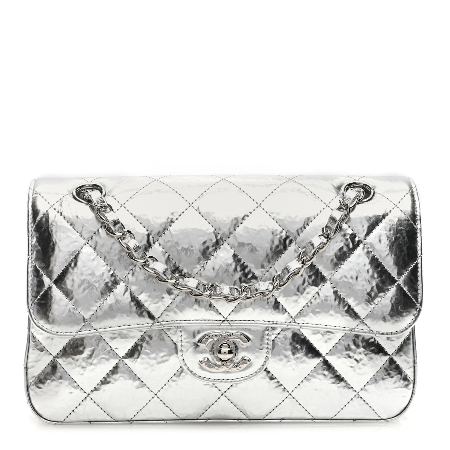 Hammered Metallic Calfskin Quilted Small Double Flap Silver