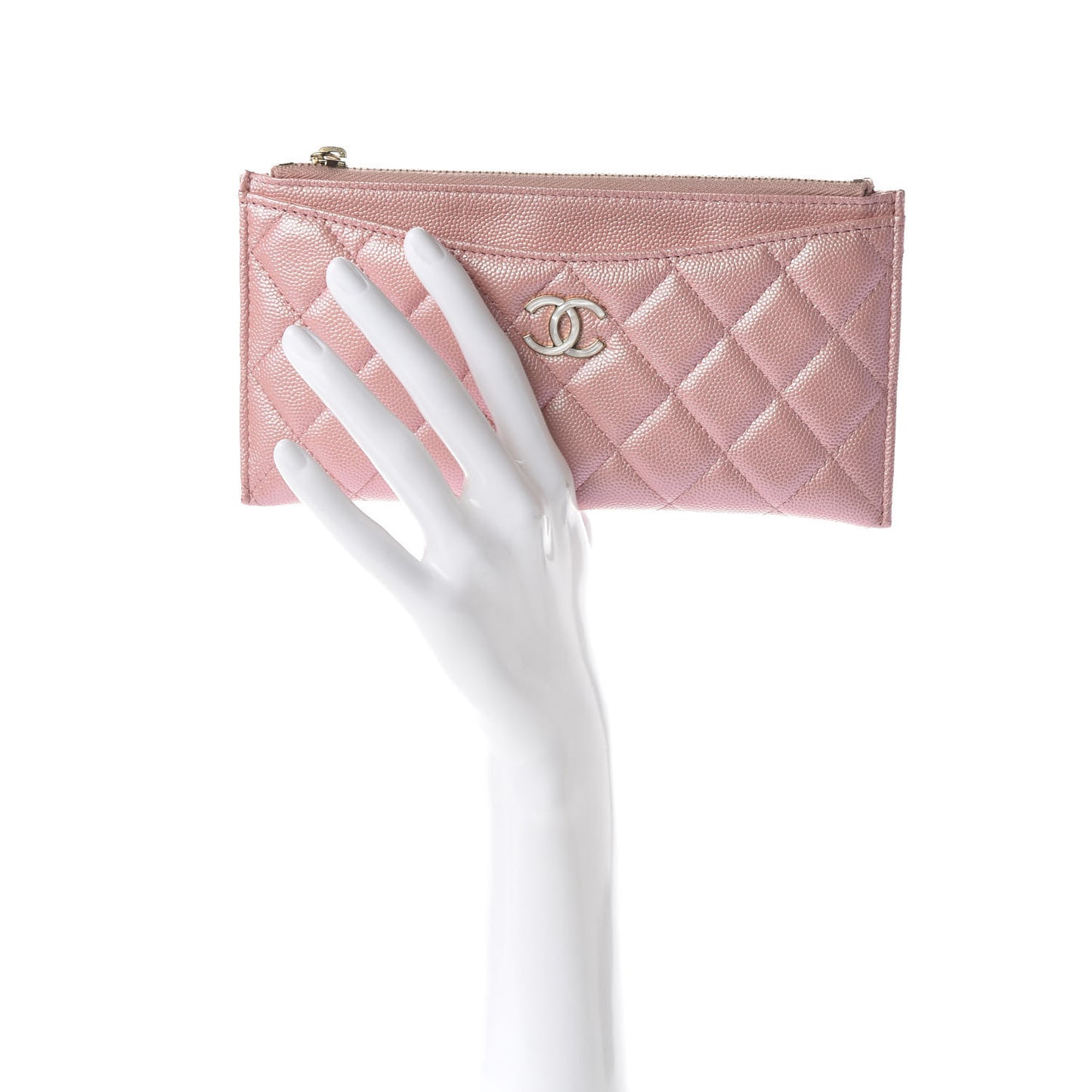 Iridescent Caviar Quilted Classic Zip Pouch Rose Pink