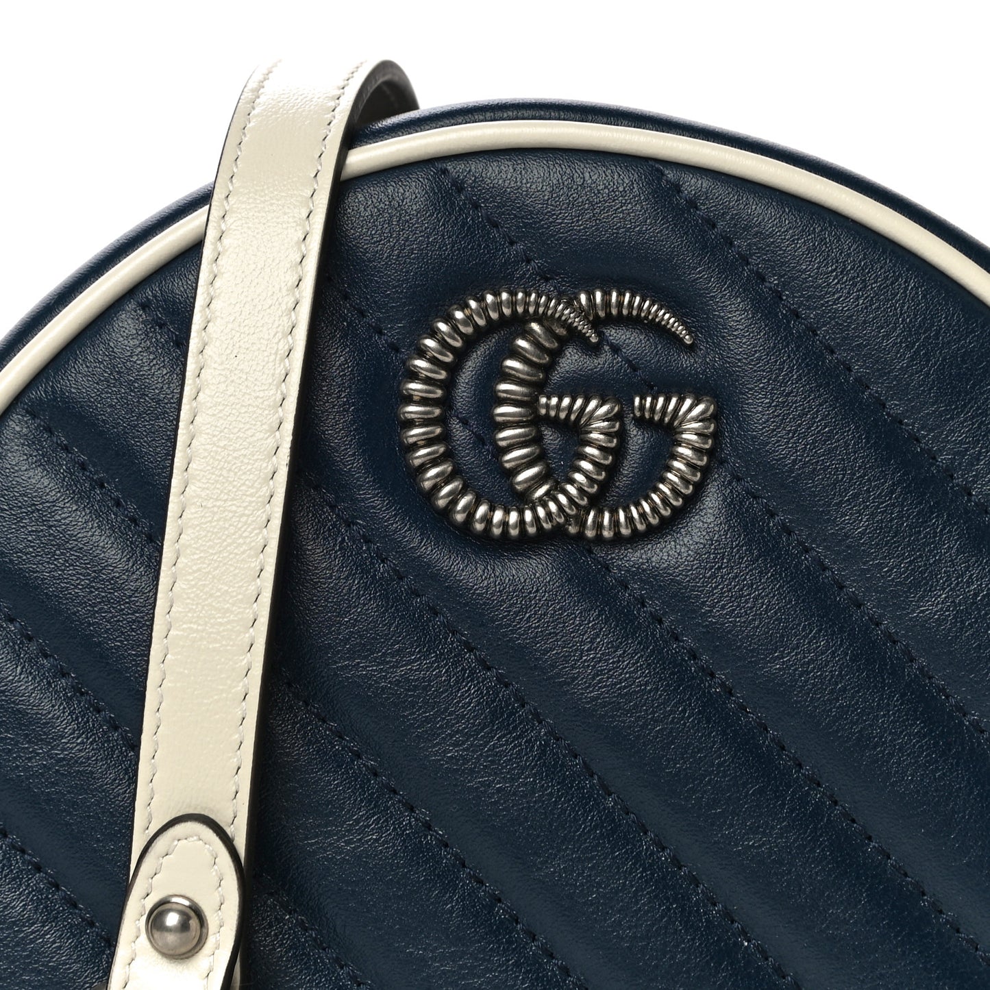 Azalea Calfskin Matelasse Diagonal Mini Torchon GG Marmont Round Shoulder Bag Blue Agata Mystic White