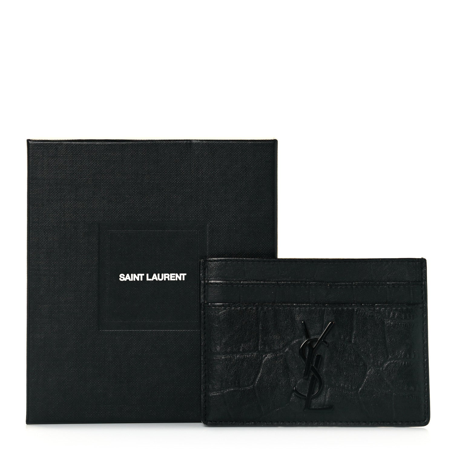 Saint Laurent Calfskin Crocodile Embossed Monogram Credit Card Case Black 9 of 9