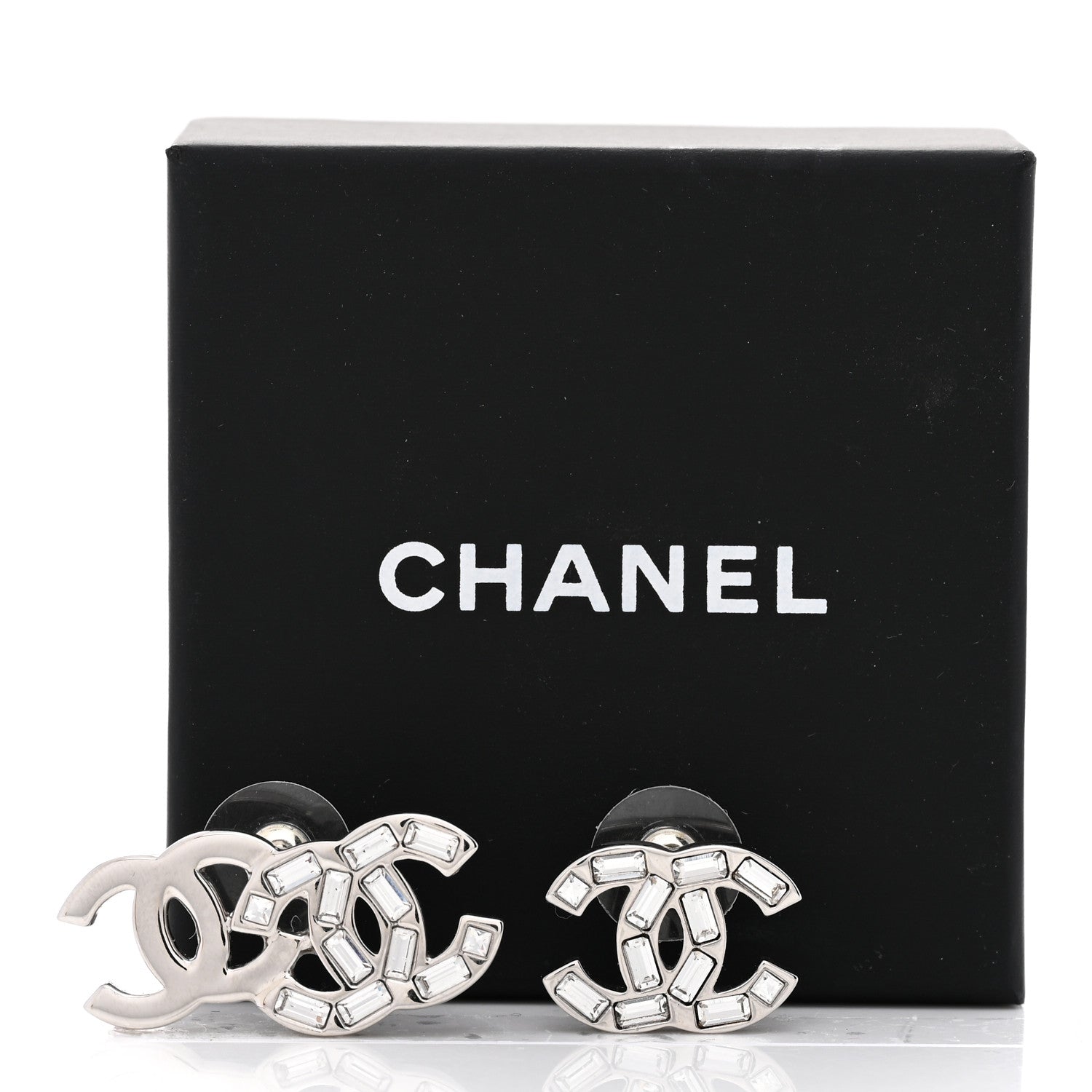 Chanel Baguette Crystal Double CC Earrings Silver 5 of 5