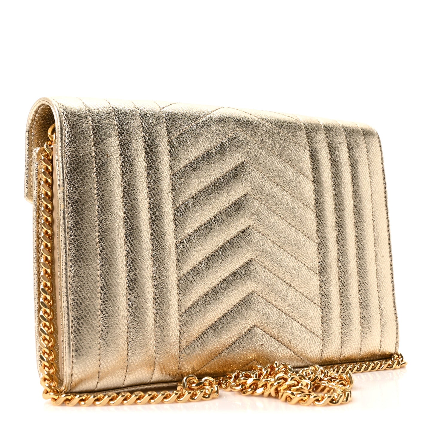Metallic Calfskin Tri-Quilt Monogram Envelope Chain Wallet Grey Oro