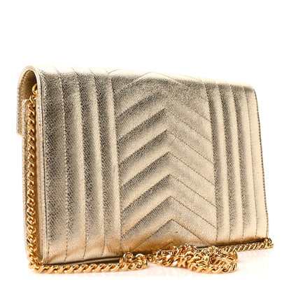 Saint Laurent Metallic Calfskin Tri-Quilt Monogram Envelope Chain Wallet Grey Oro 3 of 10