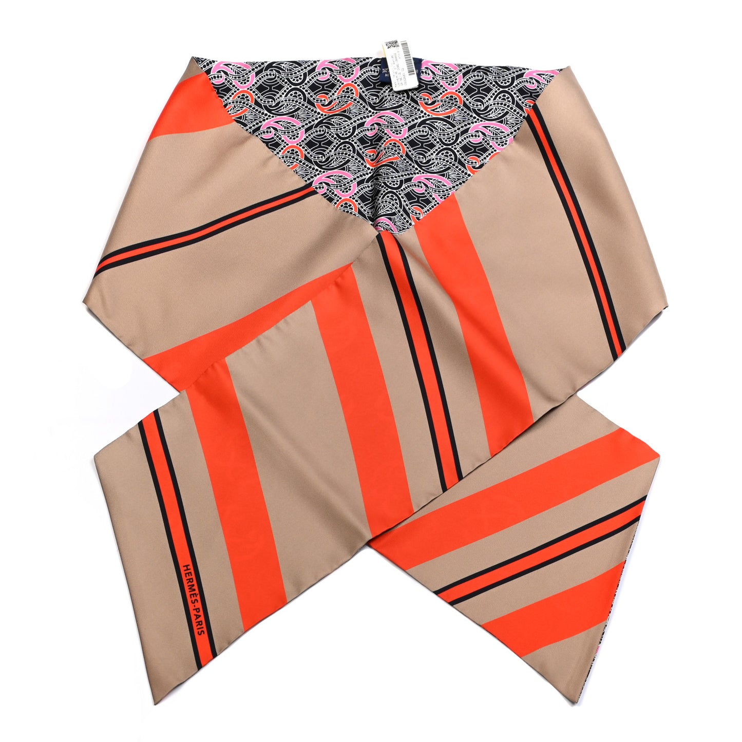 Silk Cachemire Et Rayure Maxi Twilly Cut Grey Beige Dore Orange