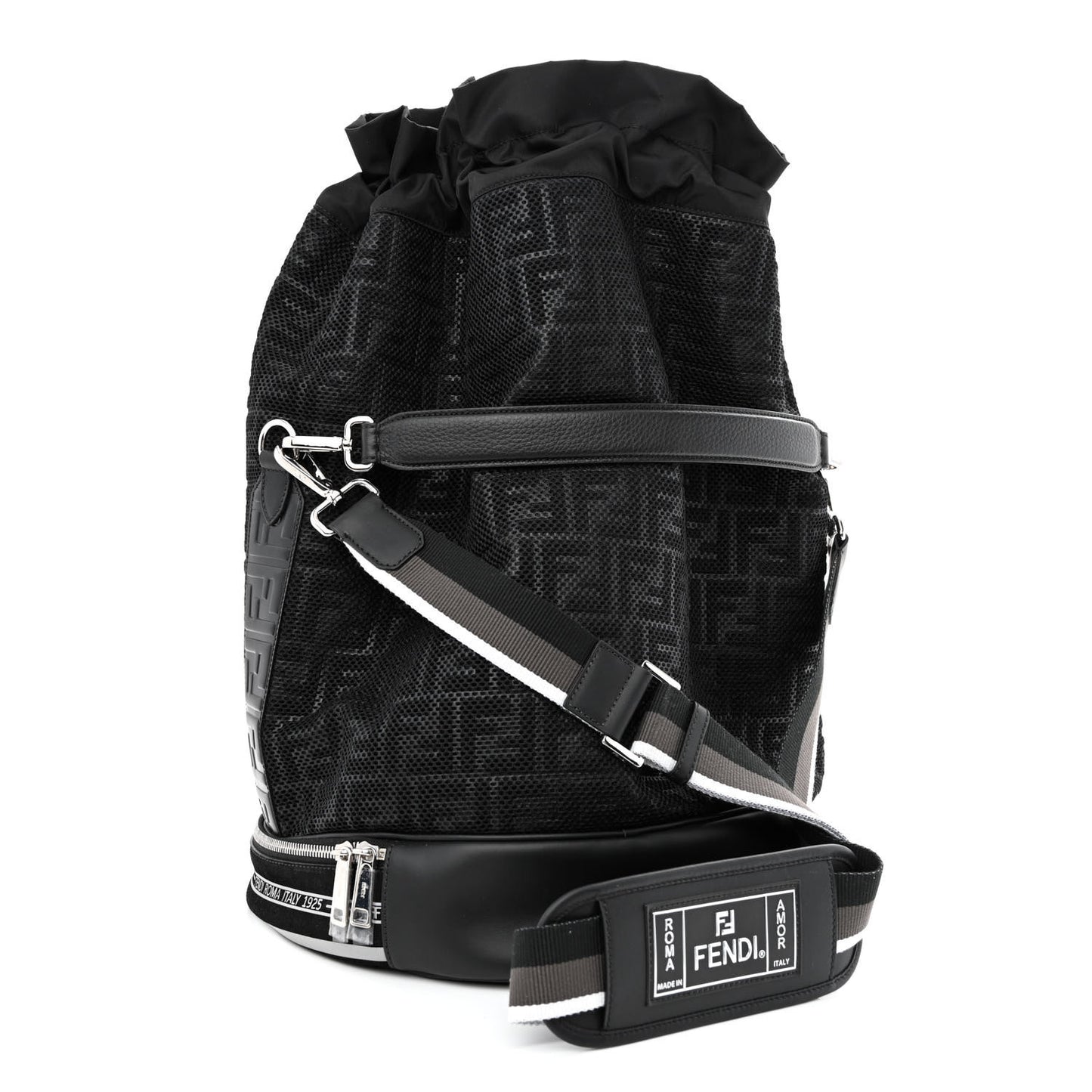 Mesh Cuoio Romano Vitello Stampa FF 1974 Embossed Logo Plate Mon Tresor Holdall Bag Black