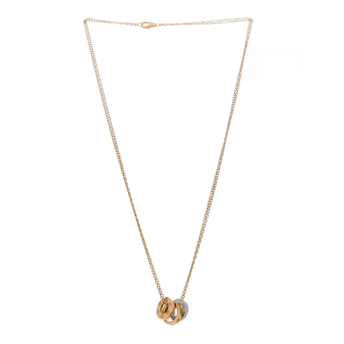 18K White Pink Gold Diamond Three Ring LOVE Pendant Necklace