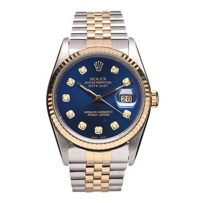 Rolex Stainless Steel 18K Yellow Gold Diamond 36mm Oyster Perpetual Datejust Watch Blue 16233 1 of 7