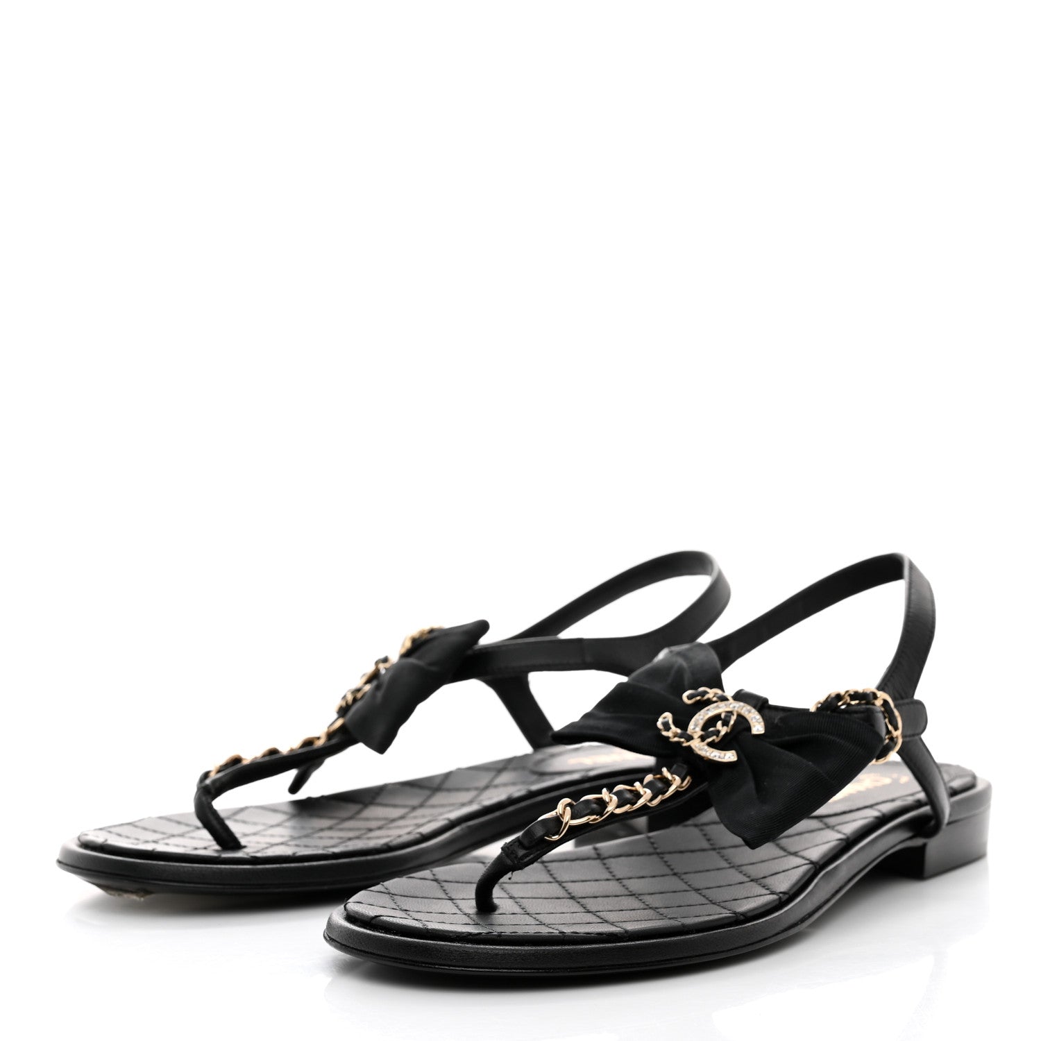 Chanel Lambskin Crystal Chain CC Thong Sandals 35.5 Black 3 of 9