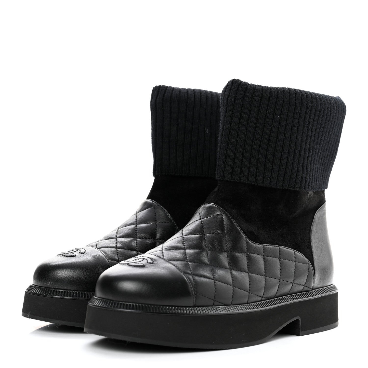 Chanel Suede Lambskin Calfskin Knit Womens Ankle Boots 37.5 Black 3 of 8