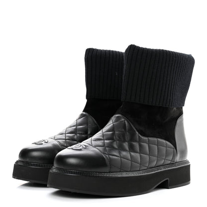 Chanel Suede Lambskin Calfskin Knit Womens Ankle Boots 37.5 Black 3 of 8