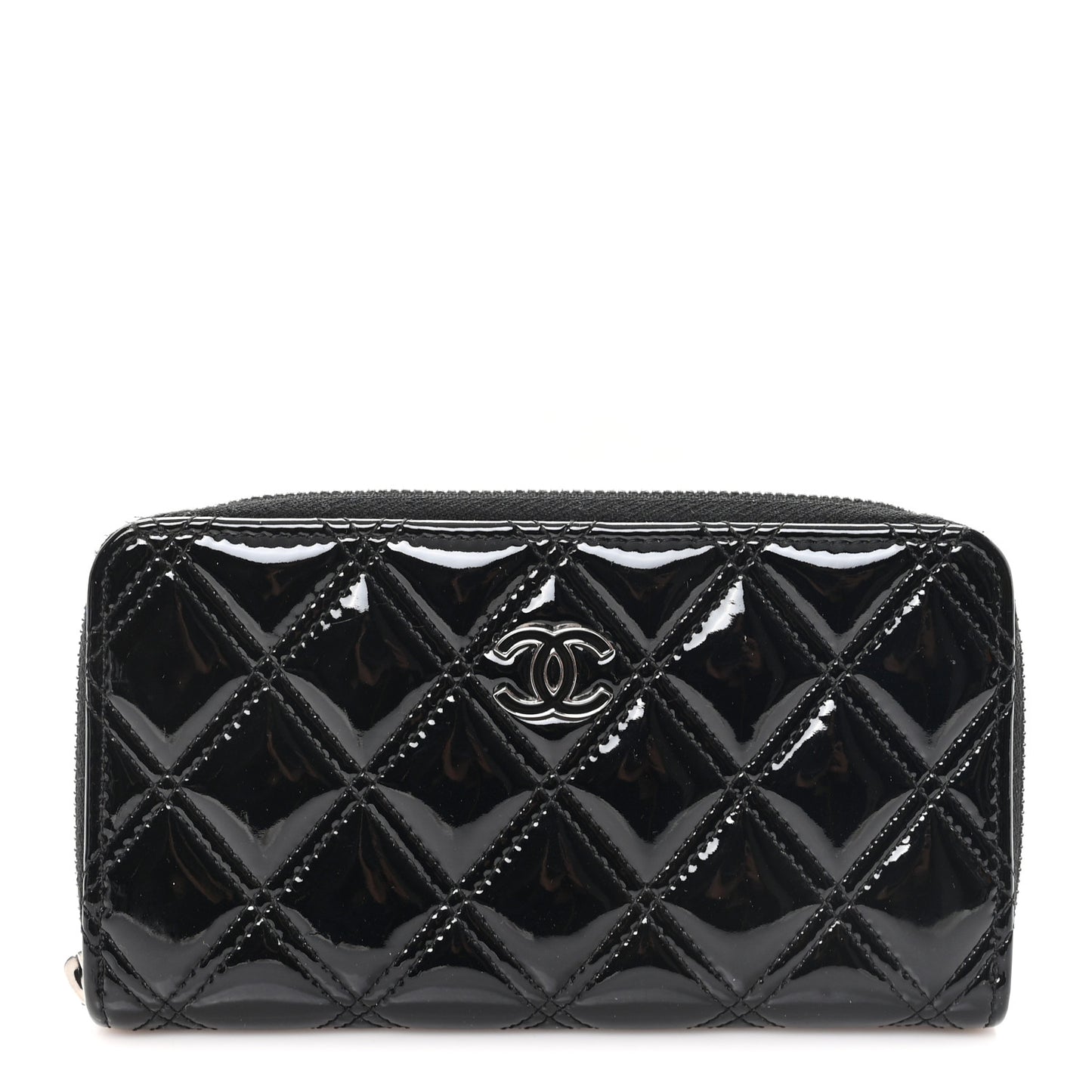 Patent Quilted Double Stitched Zip Around Wallet Black