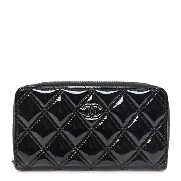 CHANEL　ウォレット Chanel Patent Quilted Double Stitched Zip Around Wallet Black