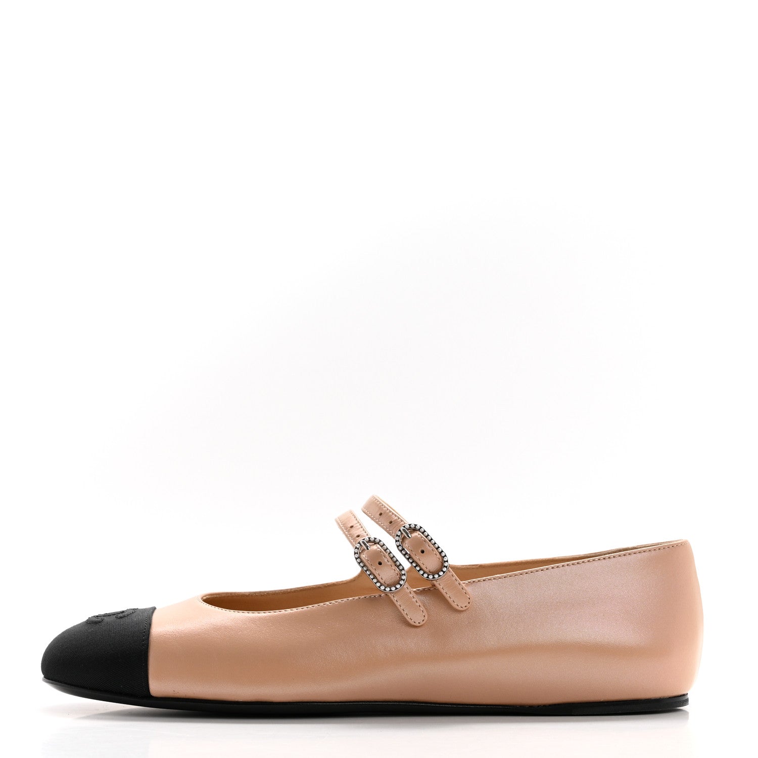 Chanel Lambskin Grosgrain Pearl Mary Jane Flats 38 Beige Black 1 of 9