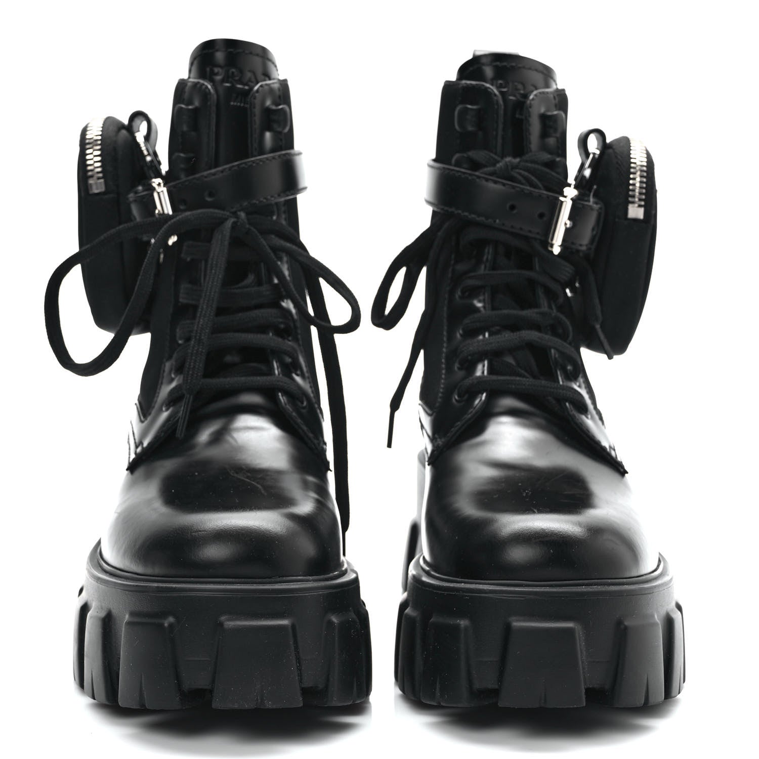 Prada Spazzolato Rois Nylon Metal Triangle Logo Monolith Pouch Pocket 55mm Boots 37 Black 2 of 10