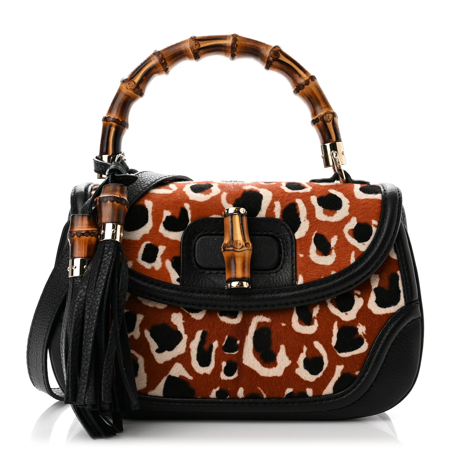 Calf Hair Leopard Print Medium New Bamboo Top Handle Bag Red