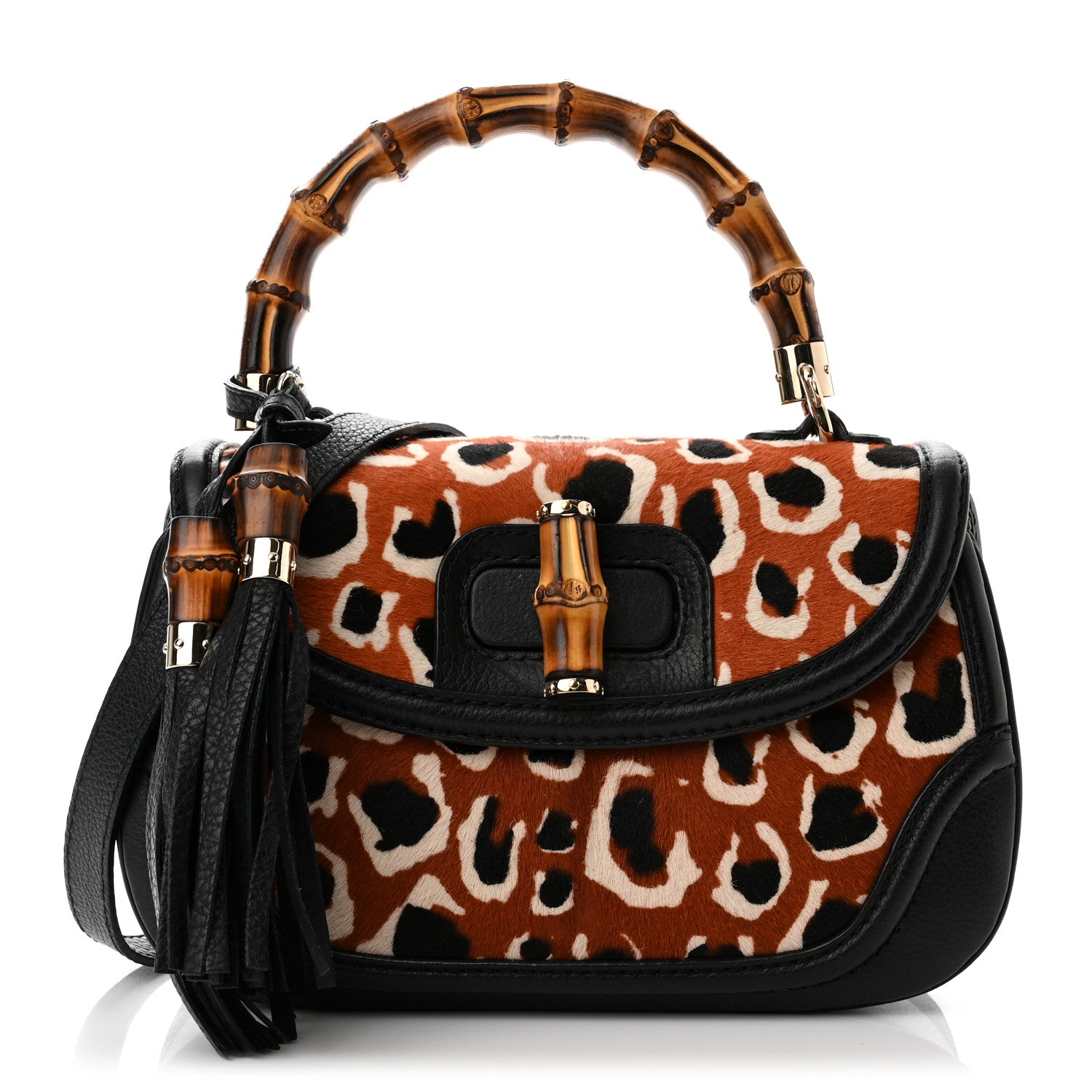 Gucci Calf Hair Leopard Print Medium New Bamboo Top Handle Bag Red 1 of 11