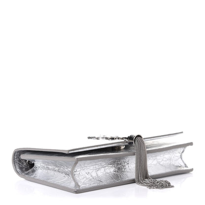 Saint Laurent Metallic Crackled Calfskin Kate Monogram Tassel Chain Wallet Argento 5 of 12