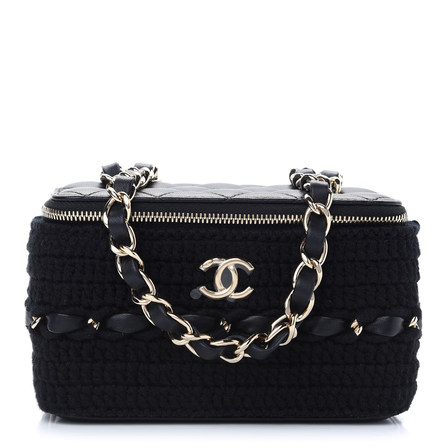 Lambskin Crochet Quilted Small Vanity Case With Chain Black
