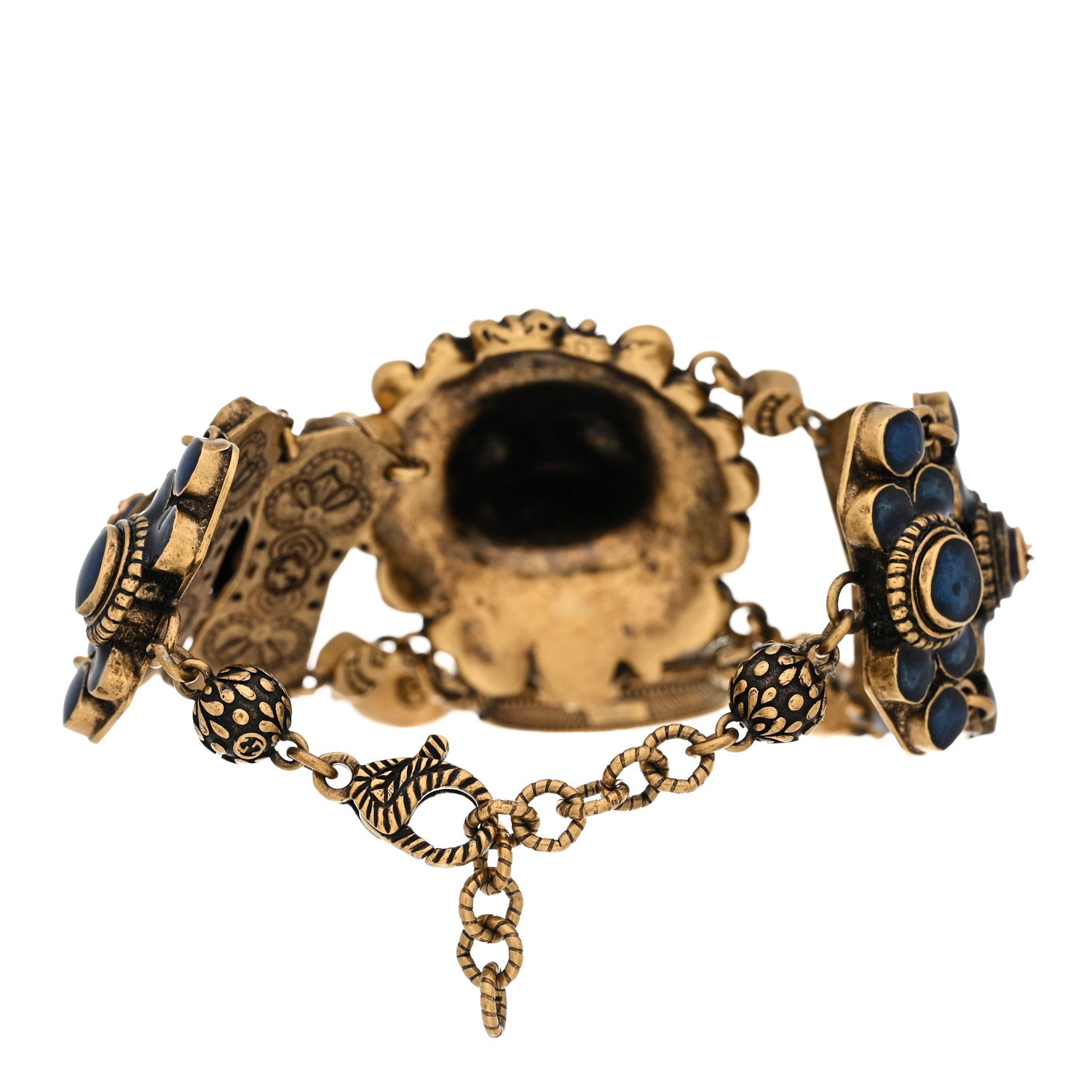 Gucci Metal Resin Pearl Lion Head Bracelet Aged Gold Blue 3 of 5