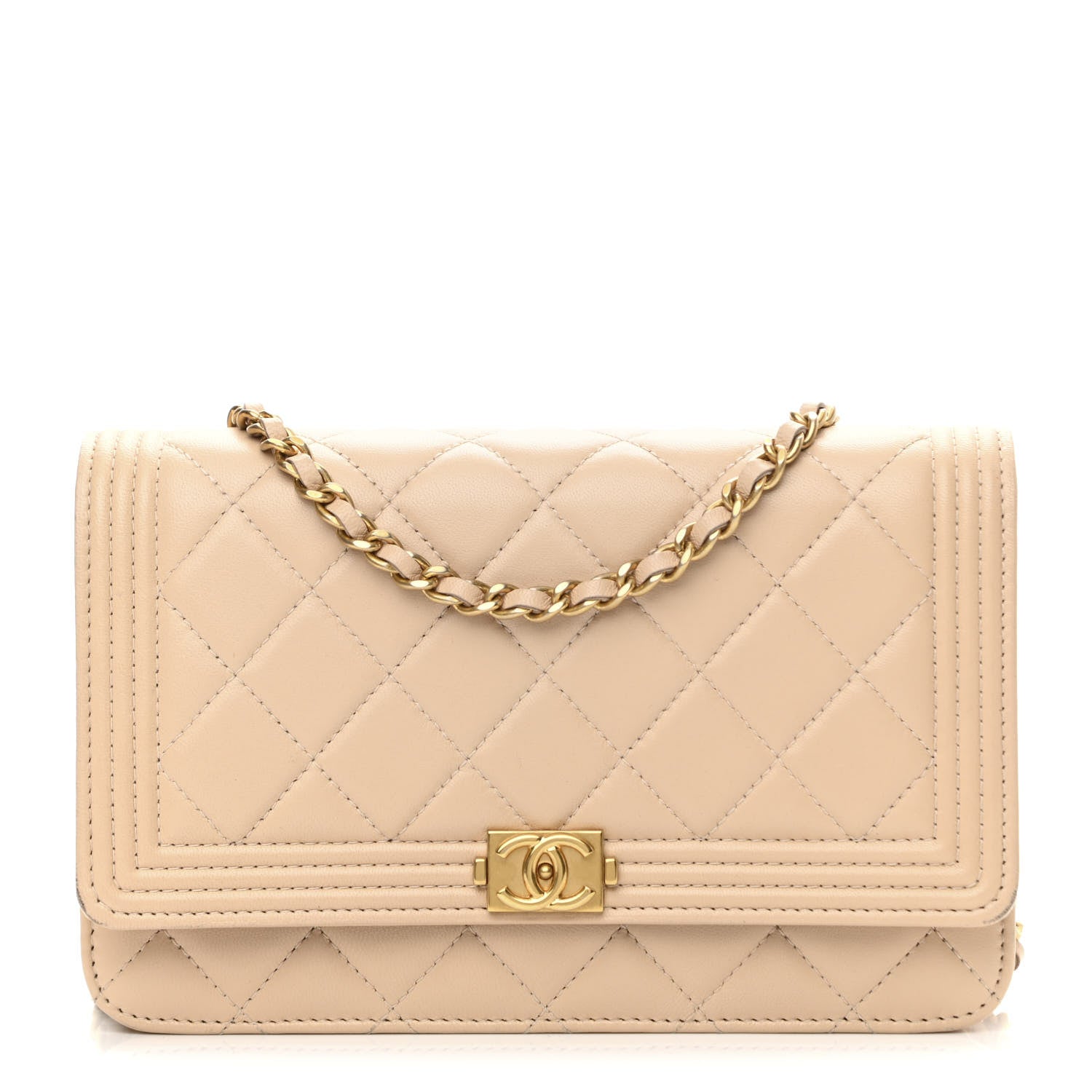 Chanel Lambskin Quilted Boy Wallet On Chain WOC Beige 1 of 14
