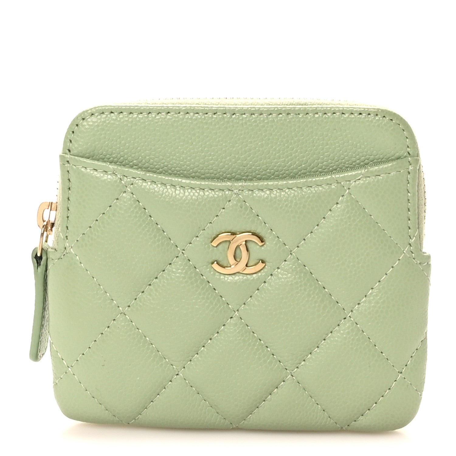 Chanel Caviar Quilted Zip Card Holder Wallet Green 1 of 8