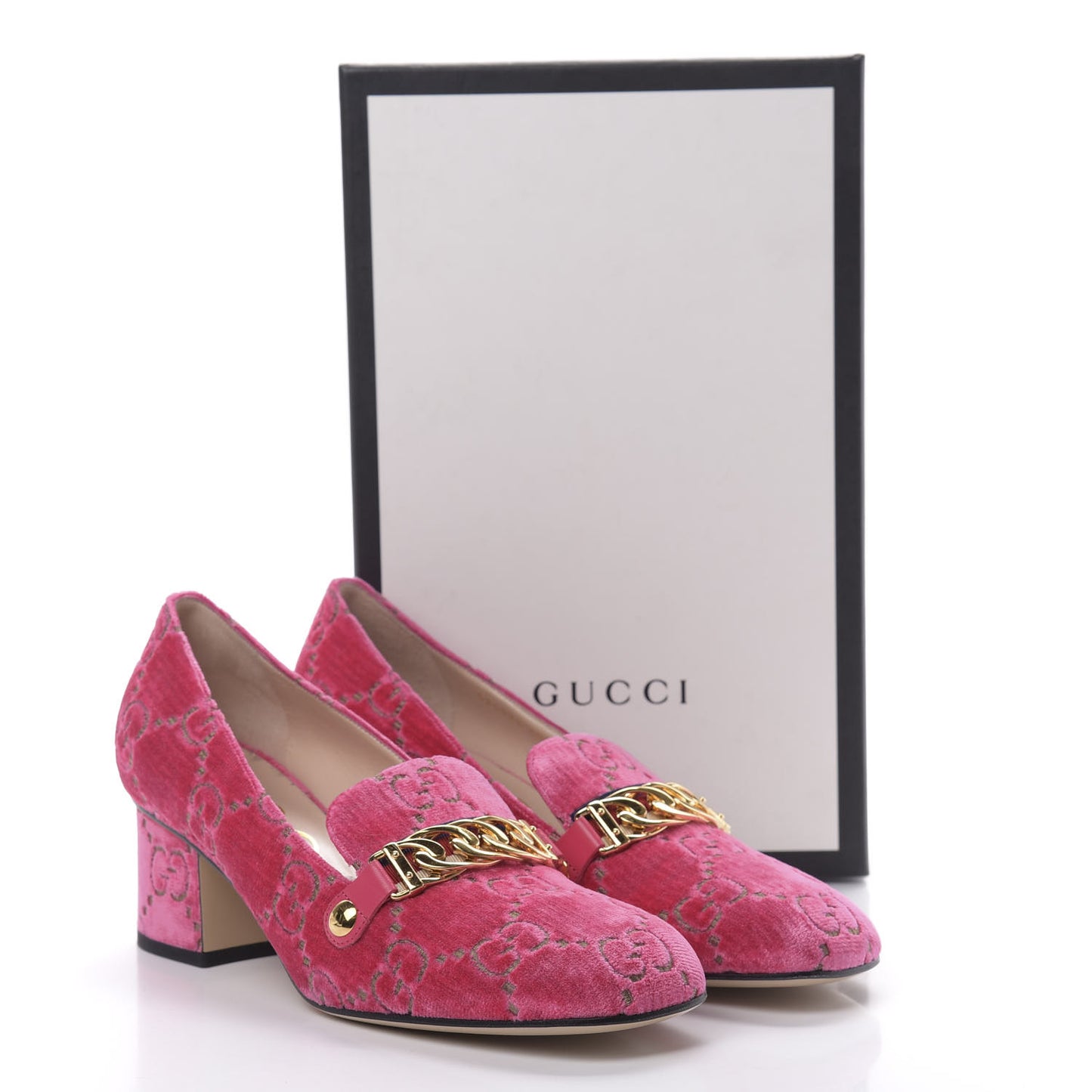 Velvet GG Monogram Sylvie Web Chain Mid Heel Loafers 40 Bright Pink