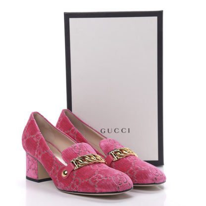 Gucci Velvet GG Monogram Sylvie Web Chain Mid Heel Loafers 40 Bright Pink 11 of 11