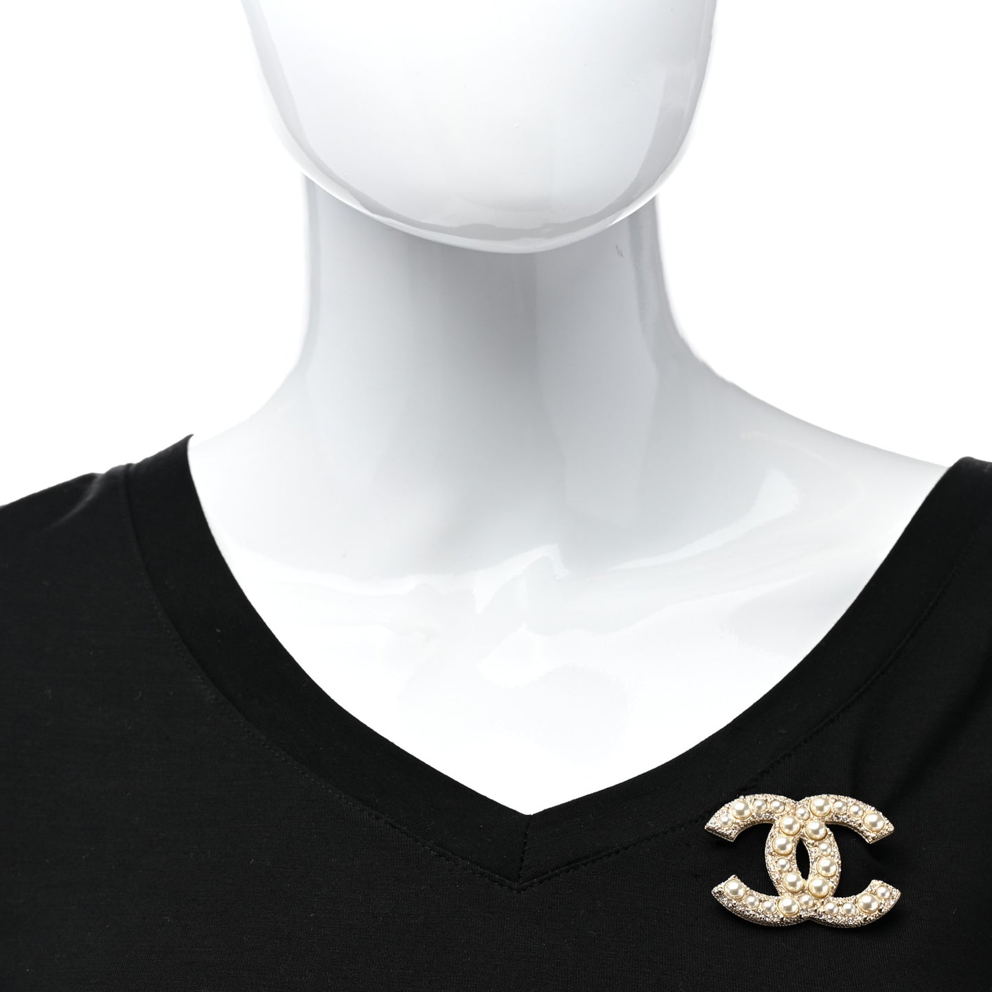 Metal Crystal Graduated Pearl CC Brooch Gold