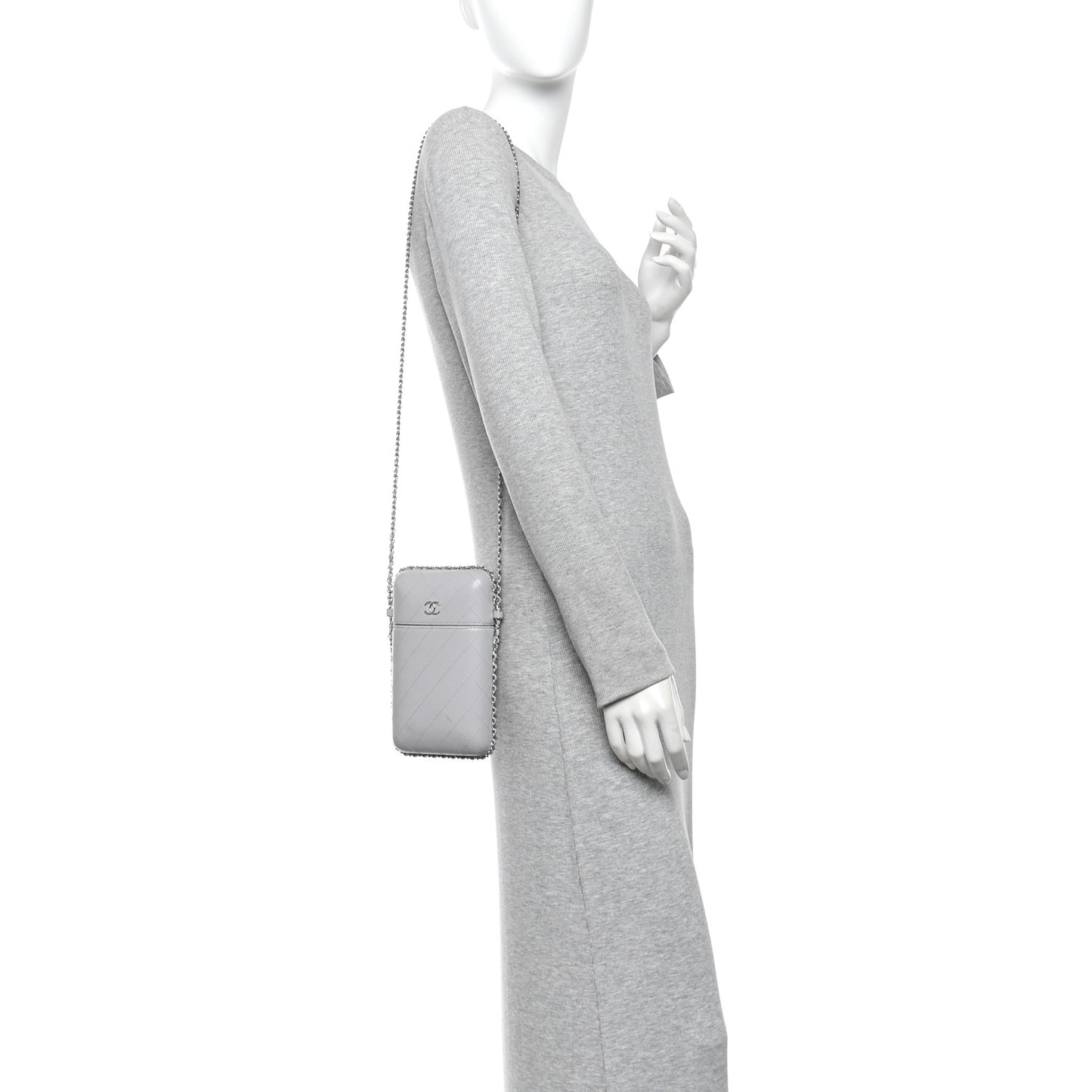 Lambskin Quilted Chain Around Phone Holder Grey