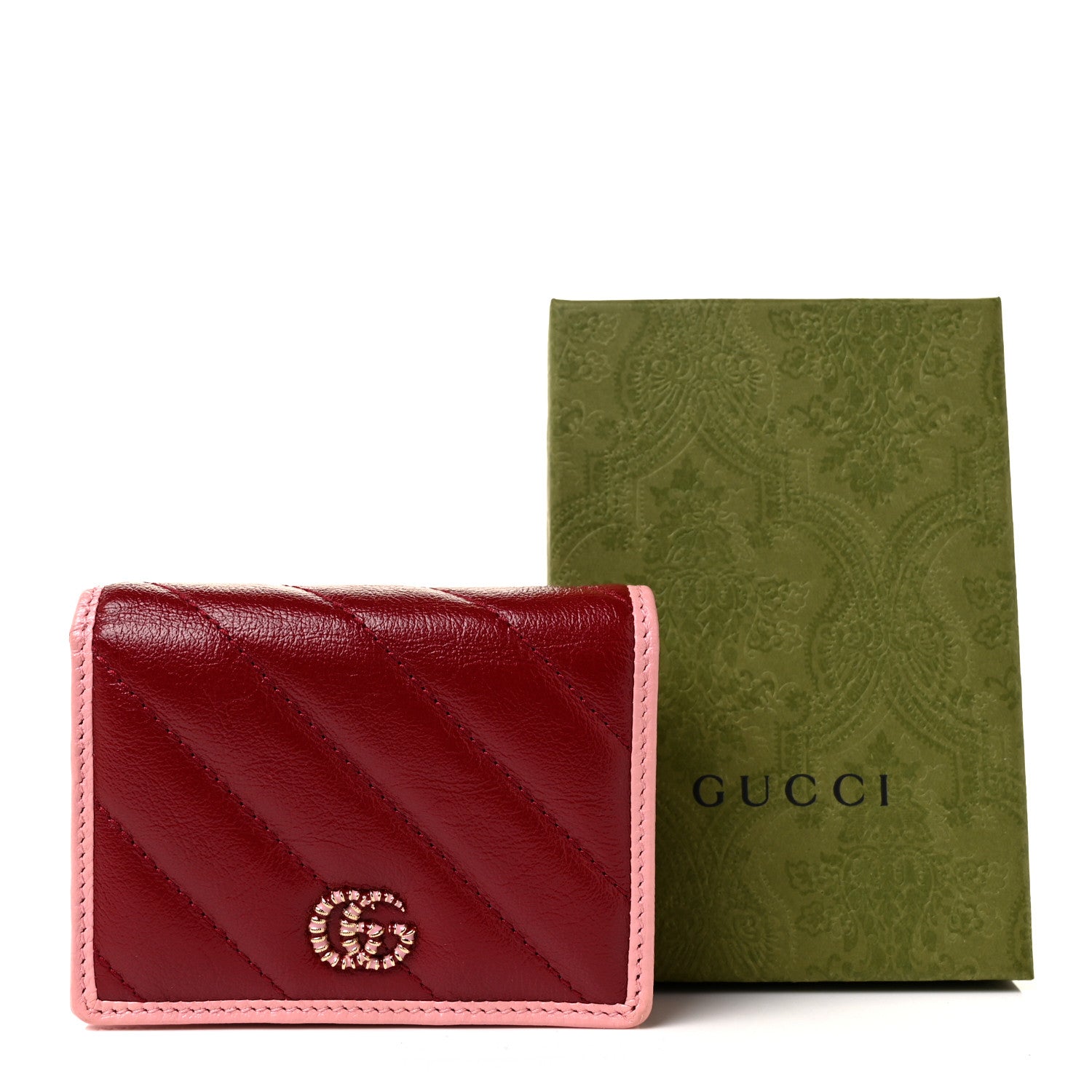 Gucci Azalea Calfskin Enamel Matelasse Diagonal Torchon GG Marmont Card Case New Cherry Red Wild Rose 9 of 9