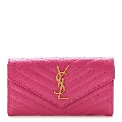 Saint Laurent Grain De Poudre Matelasse Chevron Monogram Flap Wallet Fuxia 1 of 10