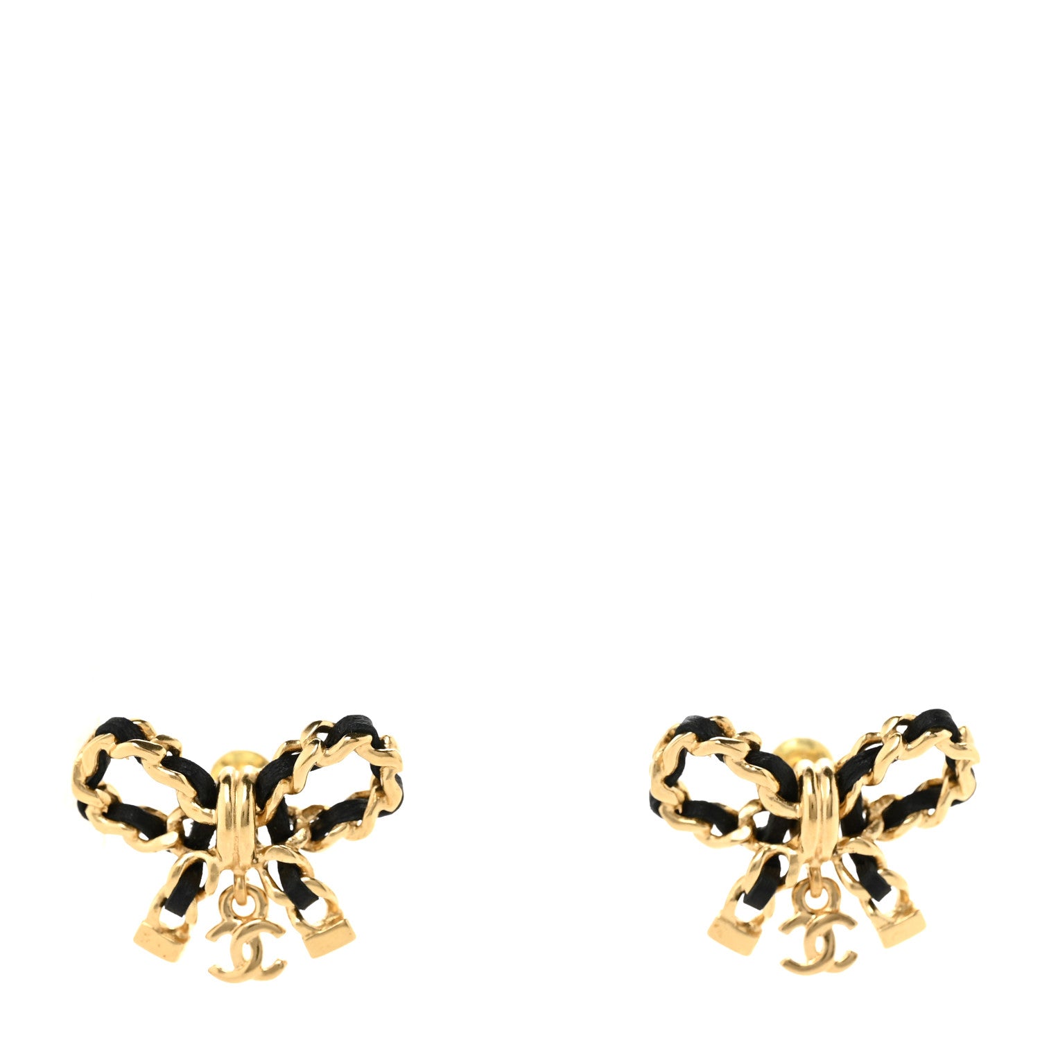 Chanel Lambskin Chain Bow Stud Earrings Black Gold 1 of 5