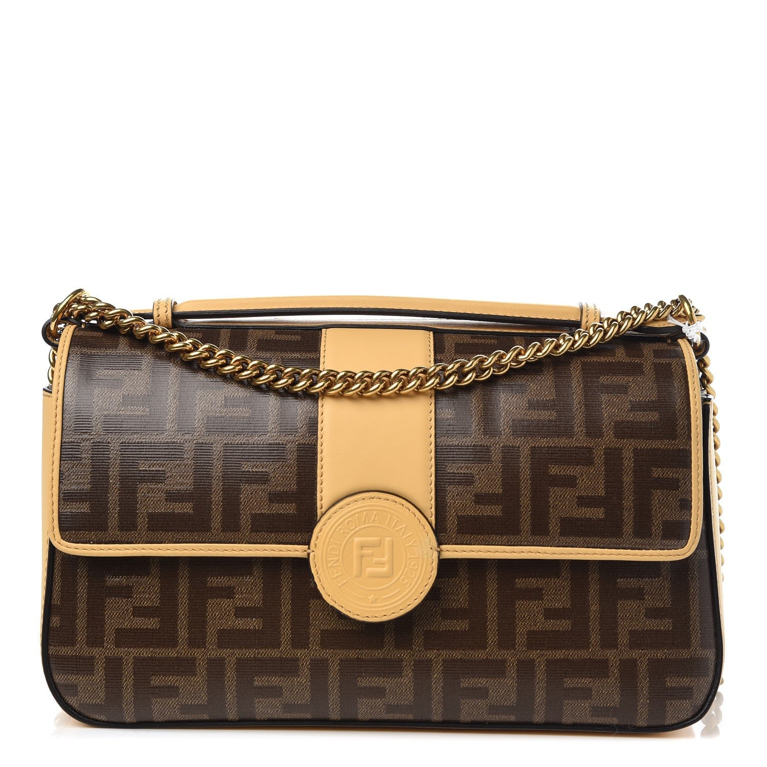 Fendi Vitello Grace Glazed Fabric FF 1974 Double F Shoulder Bag Alchemy Mogano Panna 1 of 6