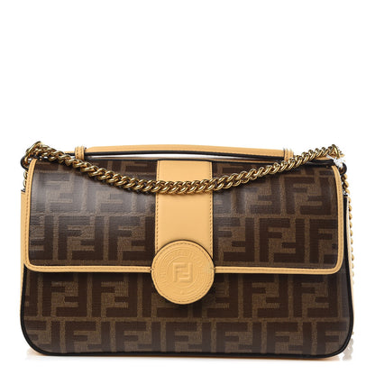 Fendi Vitello Grace Glazed Fabric FF 1974 Double F Shoulder Bag Alchemy Mogano Panna 1 of 6