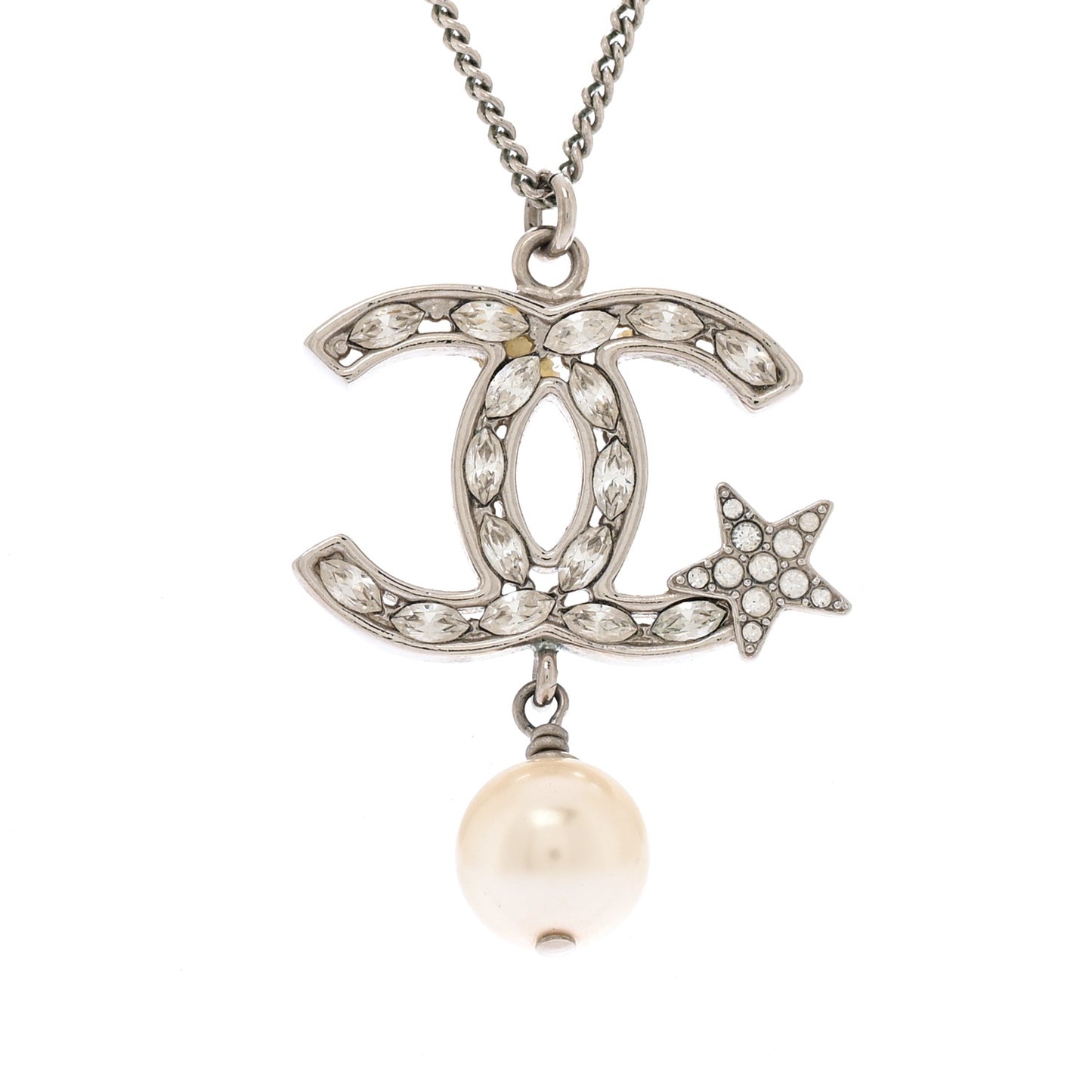 Crystal CC Star Pearl Drop Necklace Silver